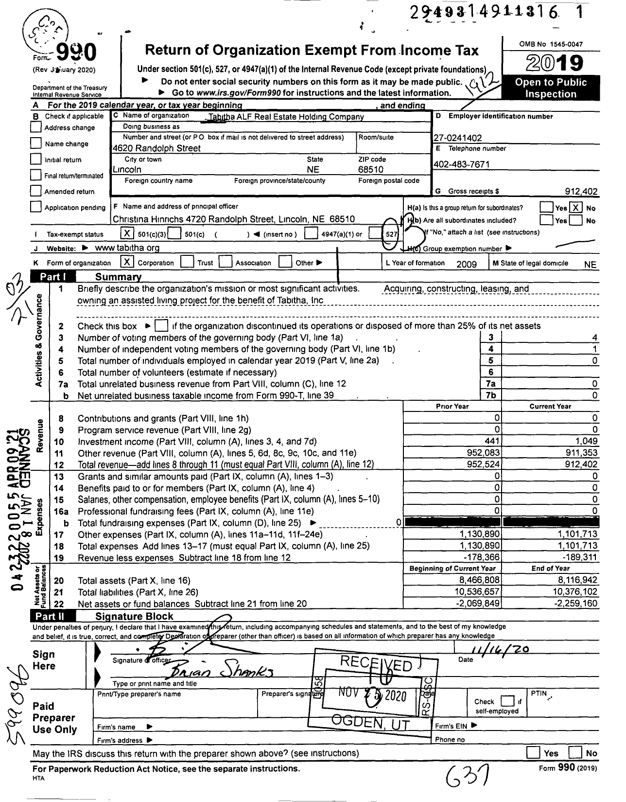 Image of first page of 2019 Form 990 for Tabitha Alf Real Estate Holding