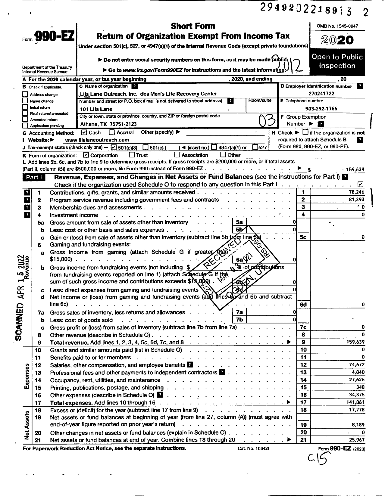 Image of first page of 2020 Form 990EZ for Men's Life Recovery Center