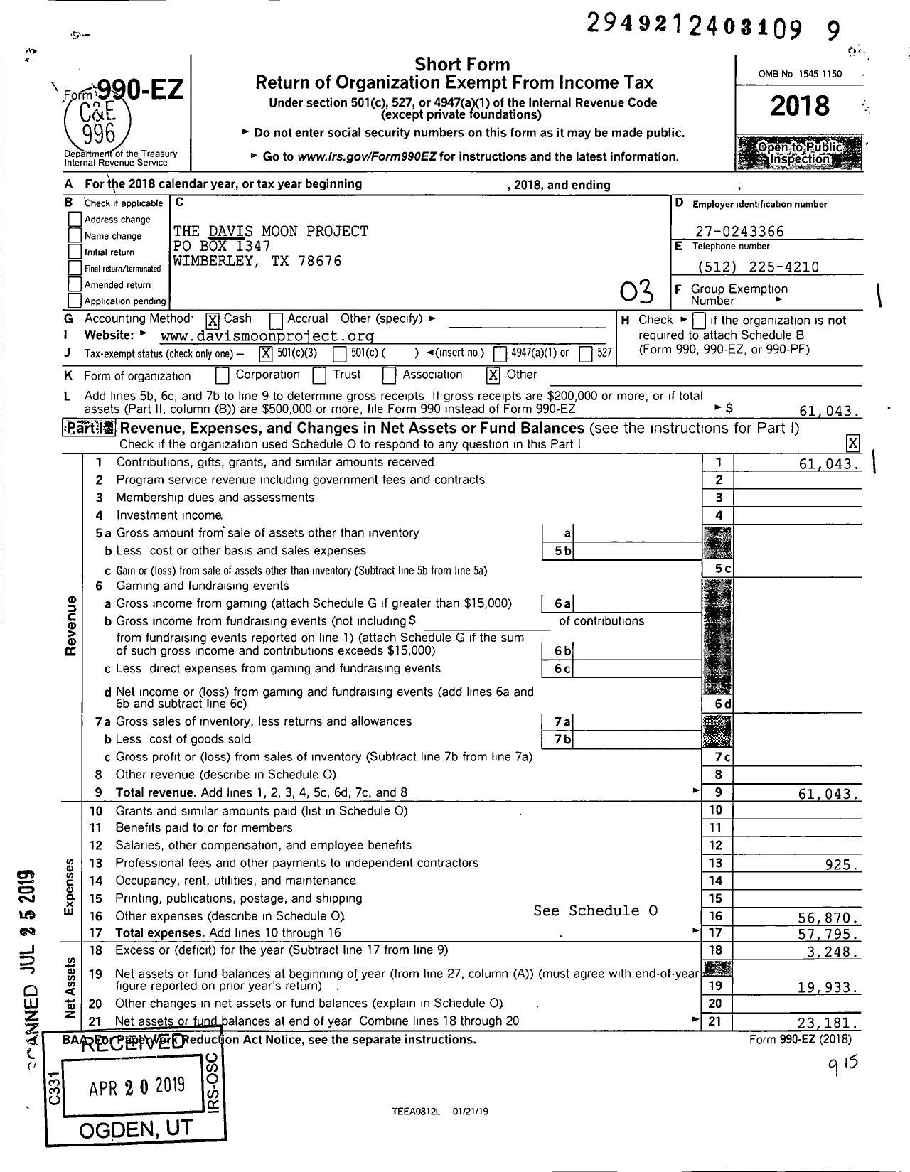 Image of first page of 2018 Form 990EZ for Davis Moon Project