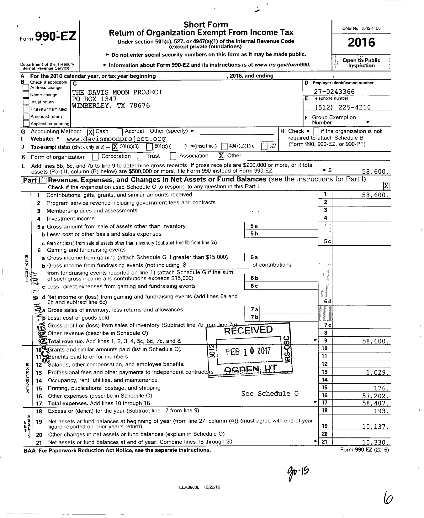 Image of first page of 2016 Form 990EZ for Davis Moon Project