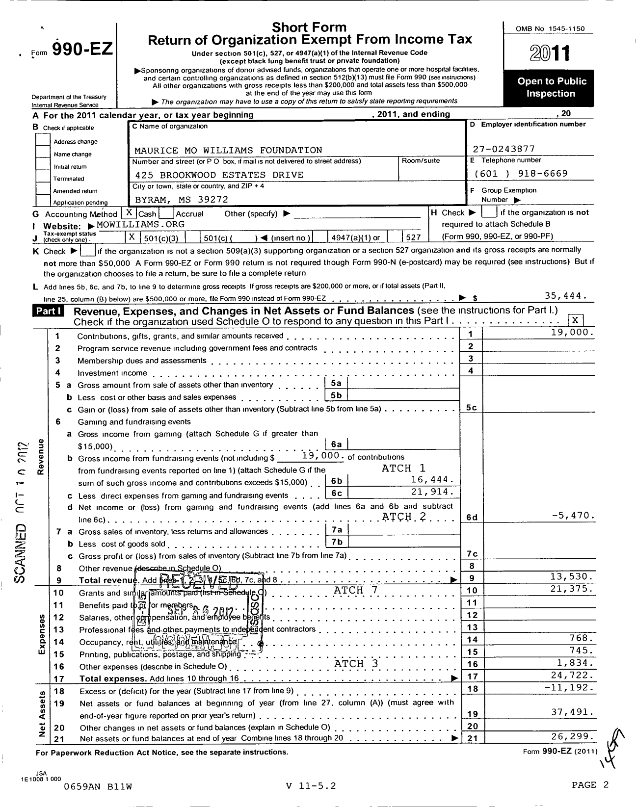 Image of first page of 2011 Form 990EZ for Maurice Mo Williams