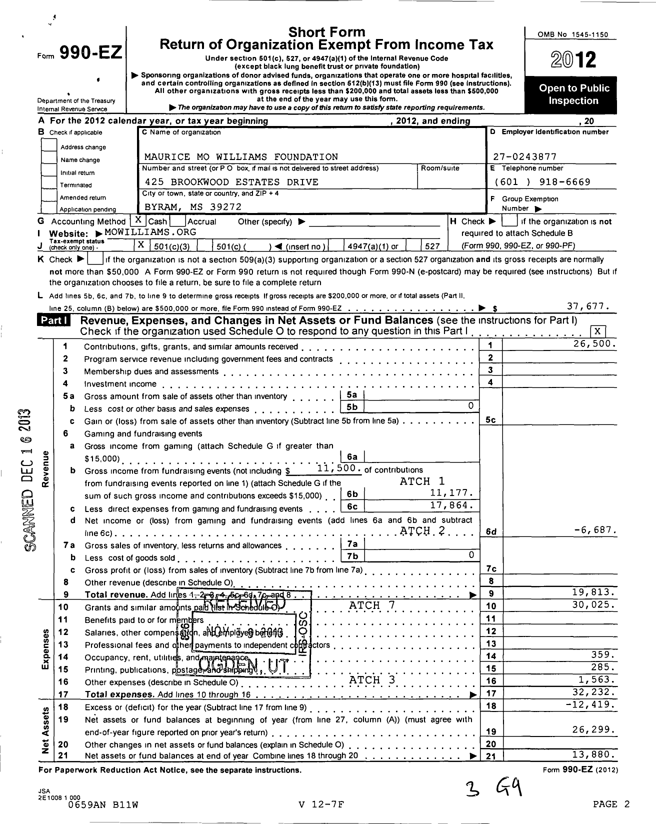 Image of first page of 2012 Form 990EZ for Maurice Mo Williams