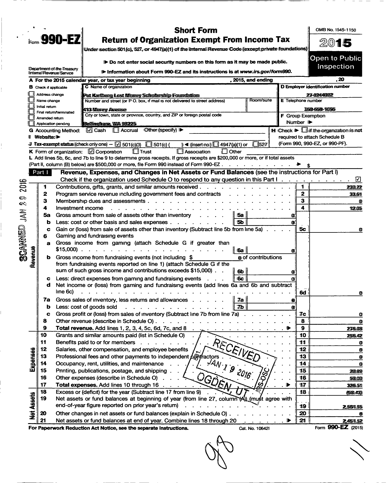 Image of first page of 2015 Form 990EZ for Pat Karlberg Lost Money Scholarship Foundation
