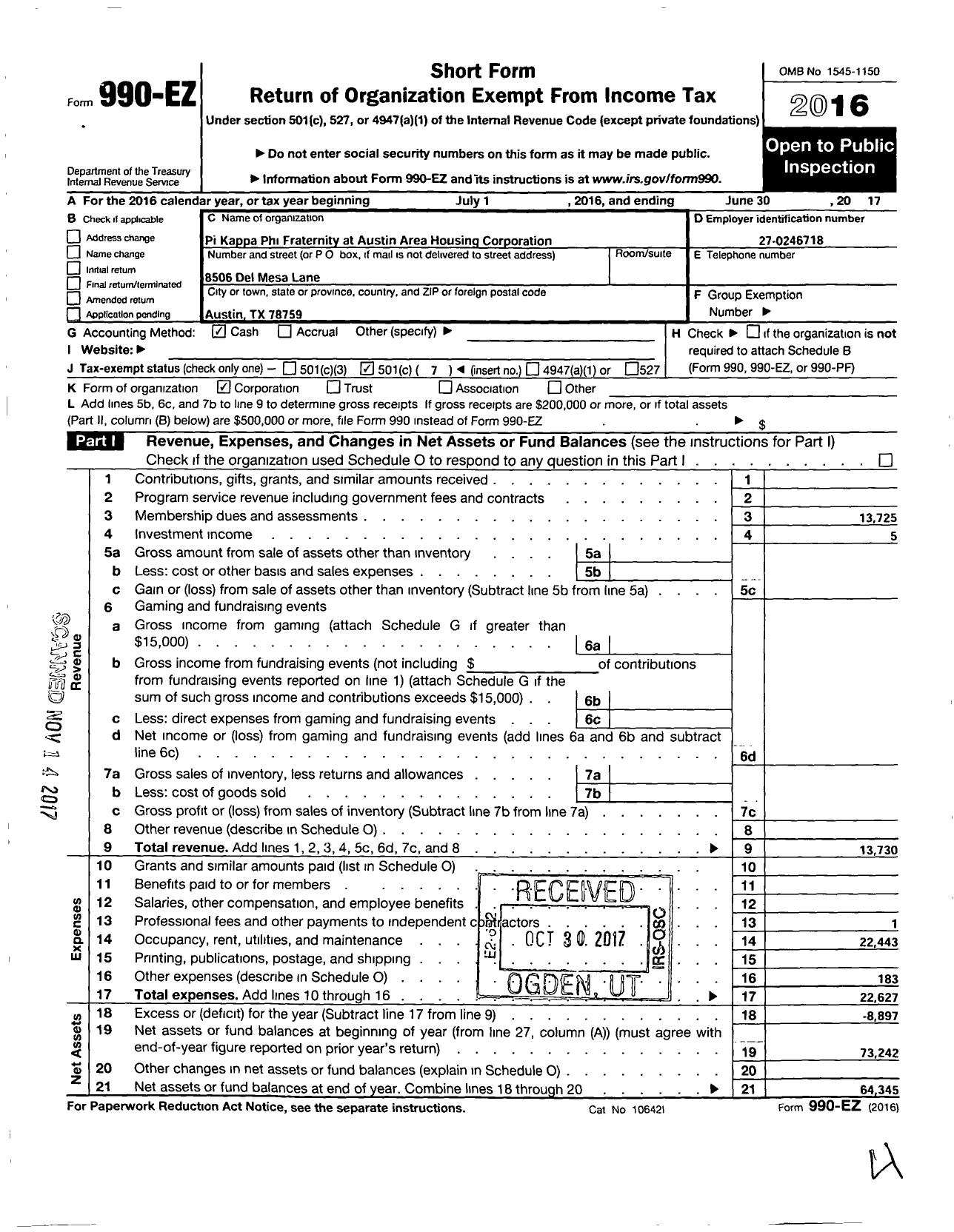 Image of first page of 2016 Form 990EO for Pi Kappa Phi Fraternity at Austin Area Housing Corporation
