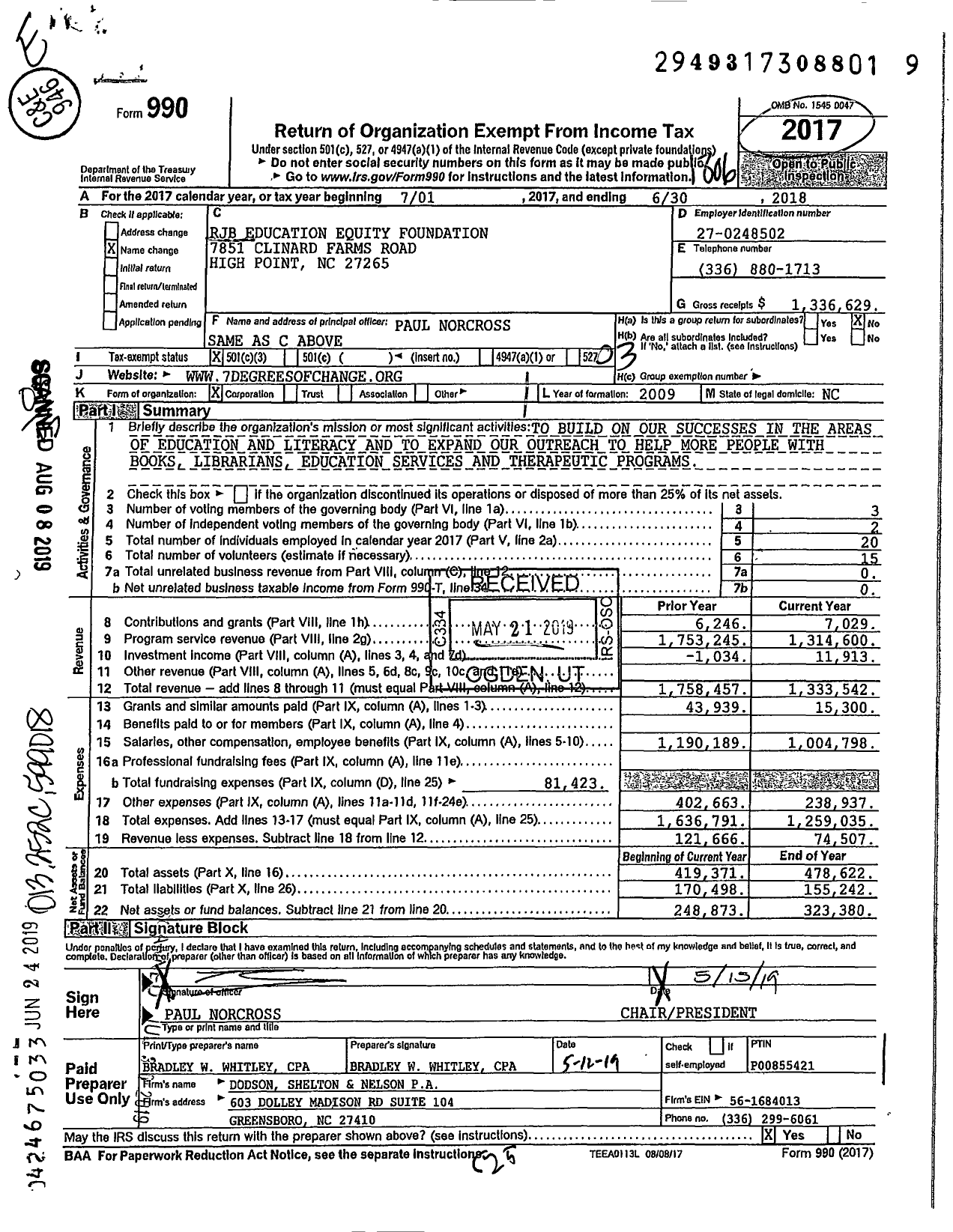 Image of first page of 2017 Form 990 for 7 Degrees Of Change Foundation