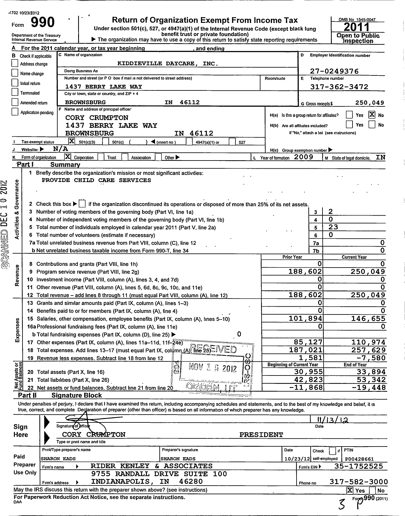 Image of first page of 2011 Form 990 for Kiddieville Daycare