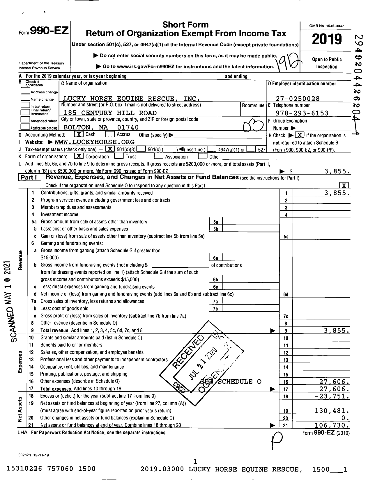 Image of first page of 2019 Form 990EZ for Lucky Horse Equine Rescue