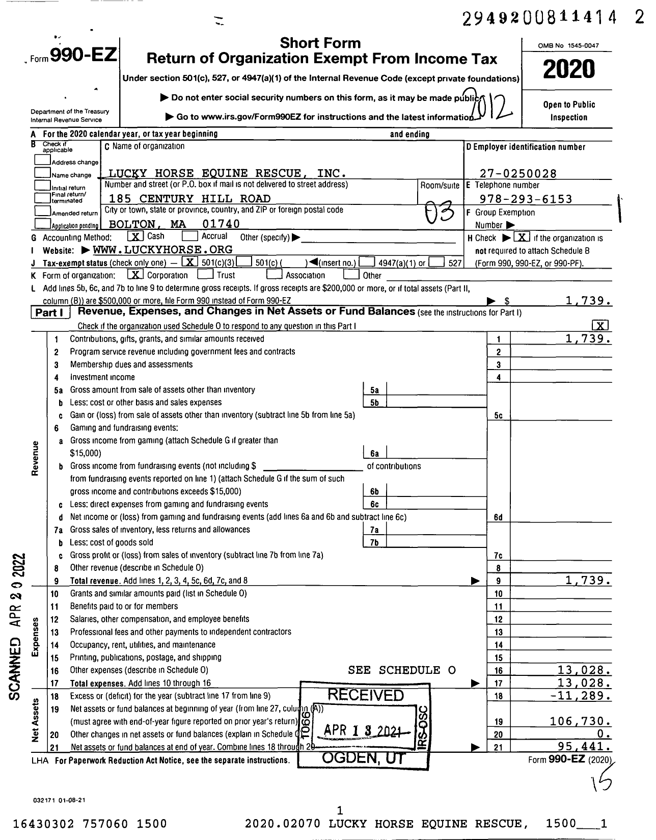 Image of first page of 2020 Form 990EZ for Lucky Horse Equine Rescue