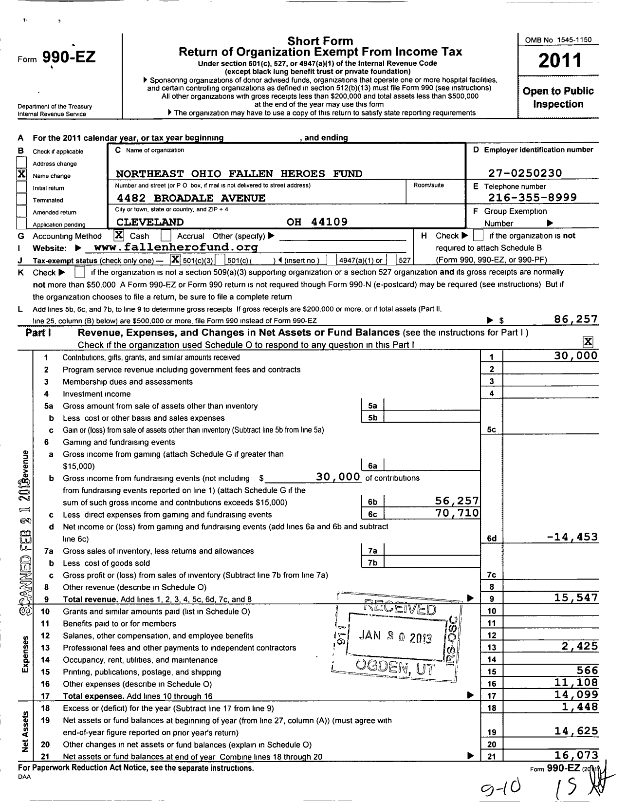 Image of first page of 2011 Form 990EZ for Northeast Ohio Fallen Heroes Fund