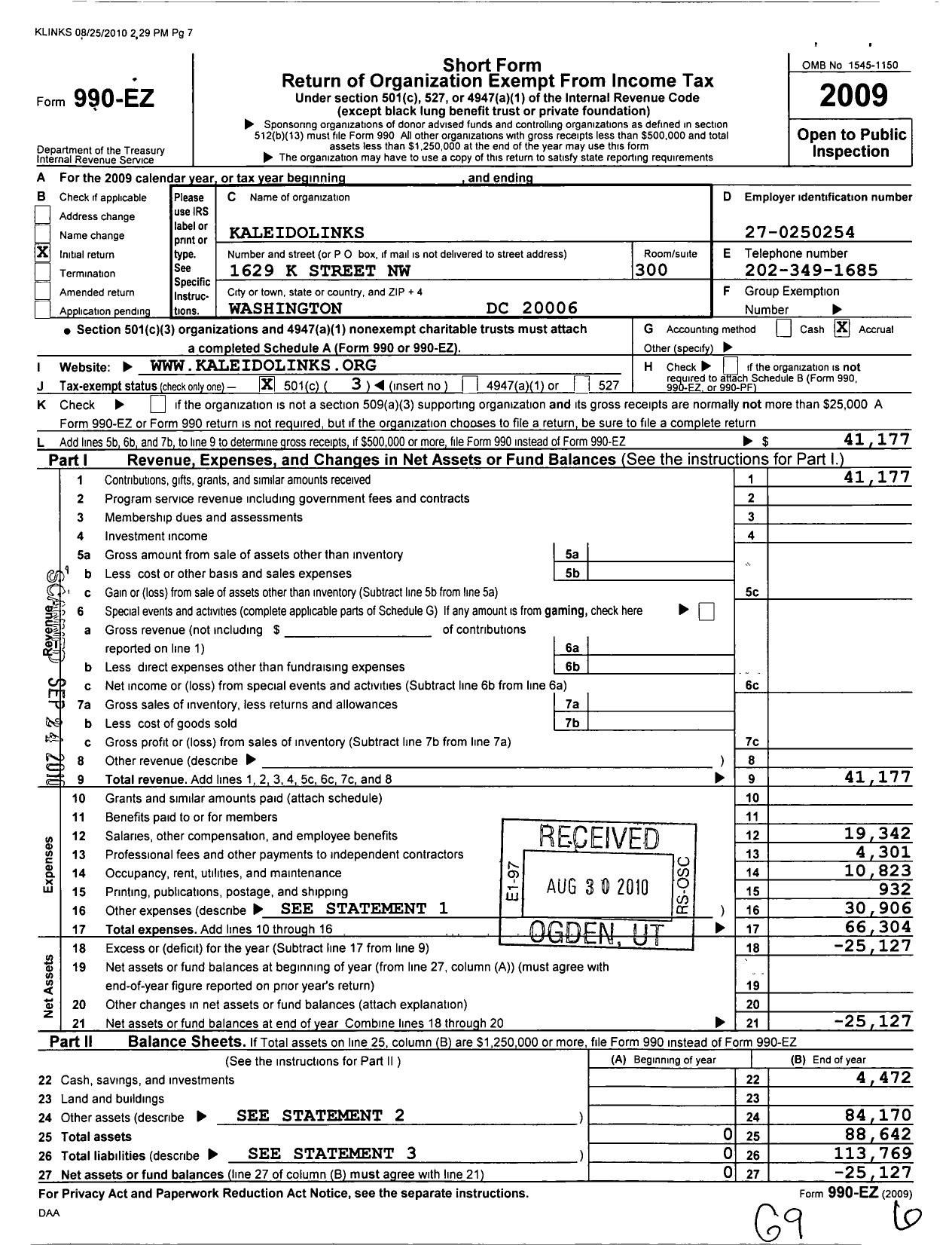 Image of first page of 2009 Form 990EZ for Kaleidolinks