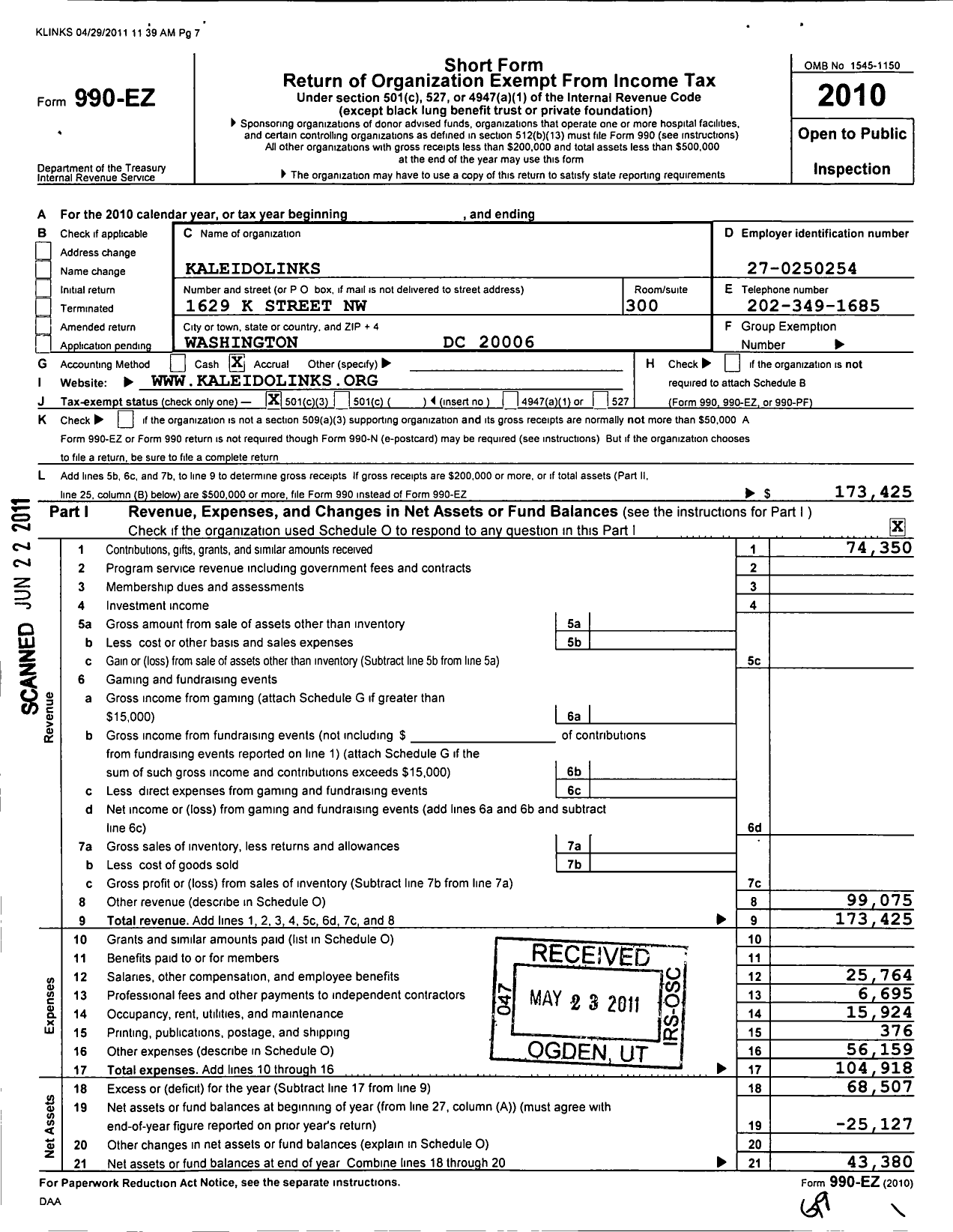 Image of first page of 2010 Form 990EZ for Kaleidolinks