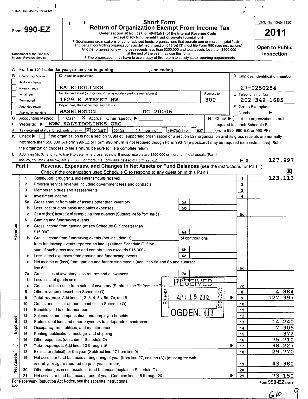 Image of first page of 2011 Form 990EZ for Kaleidolinks