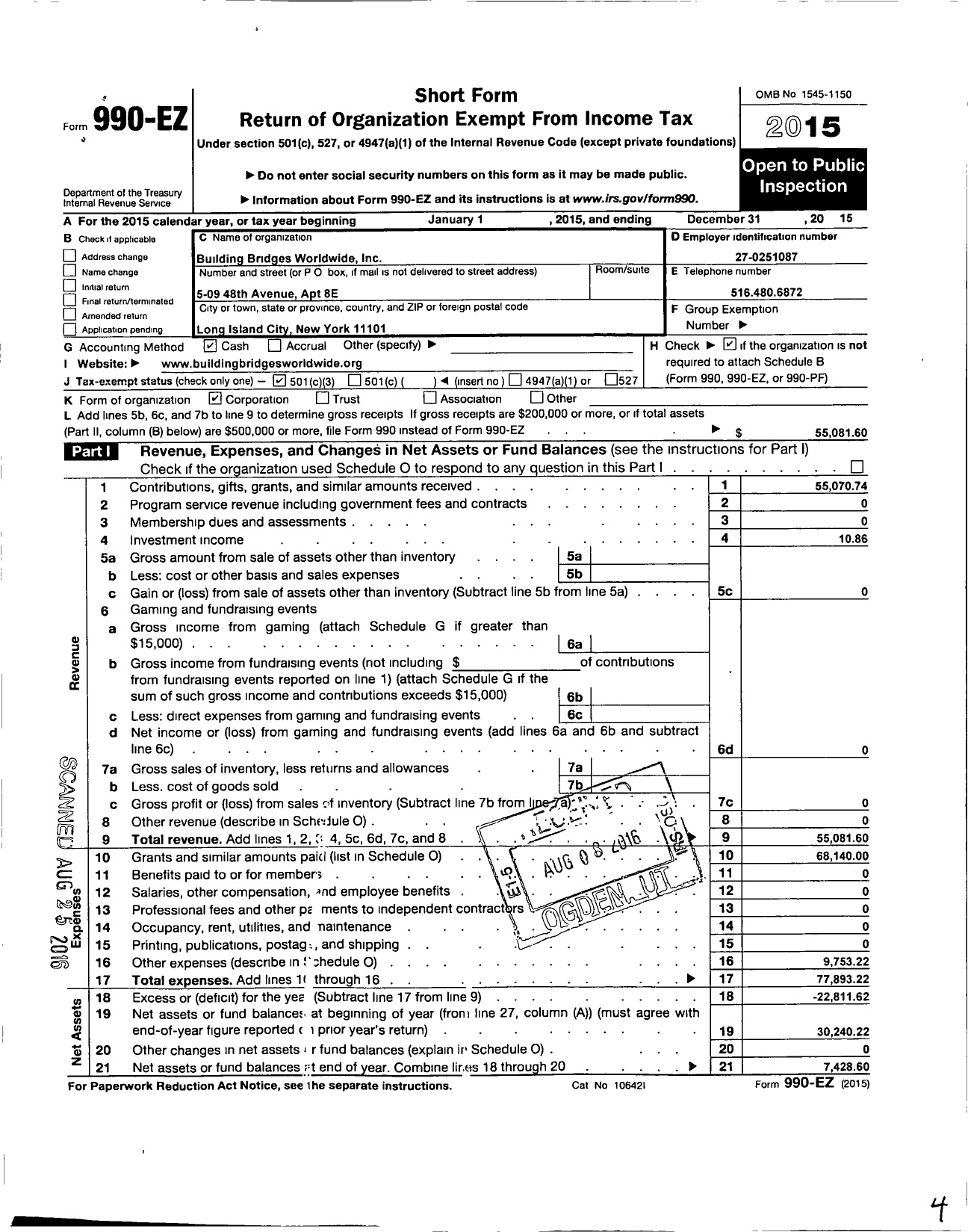 Image of first page of 2015 Form 990EZ for Building Bridges Worldwide