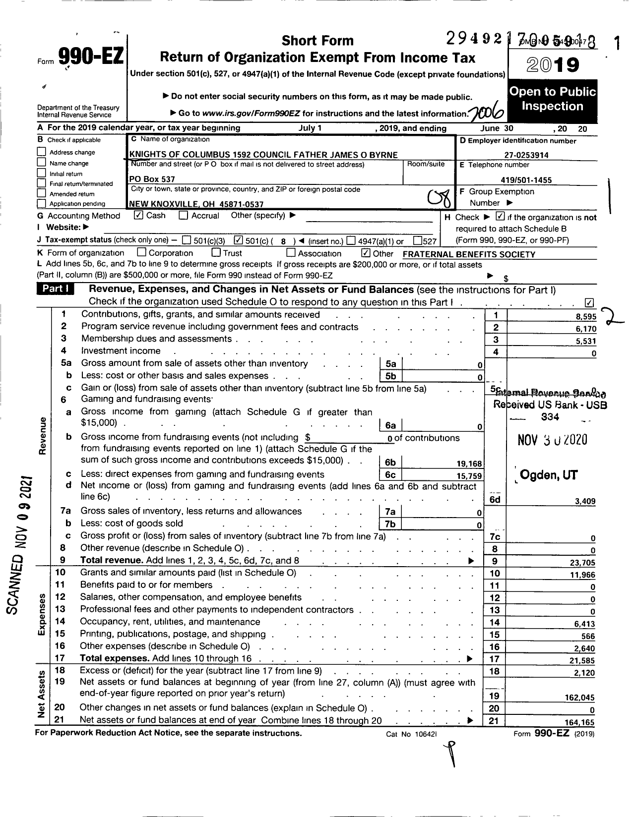 Image of first page of 2019 Form 990EO for Knights of Columbus - 1592 Council Father James O Byrne