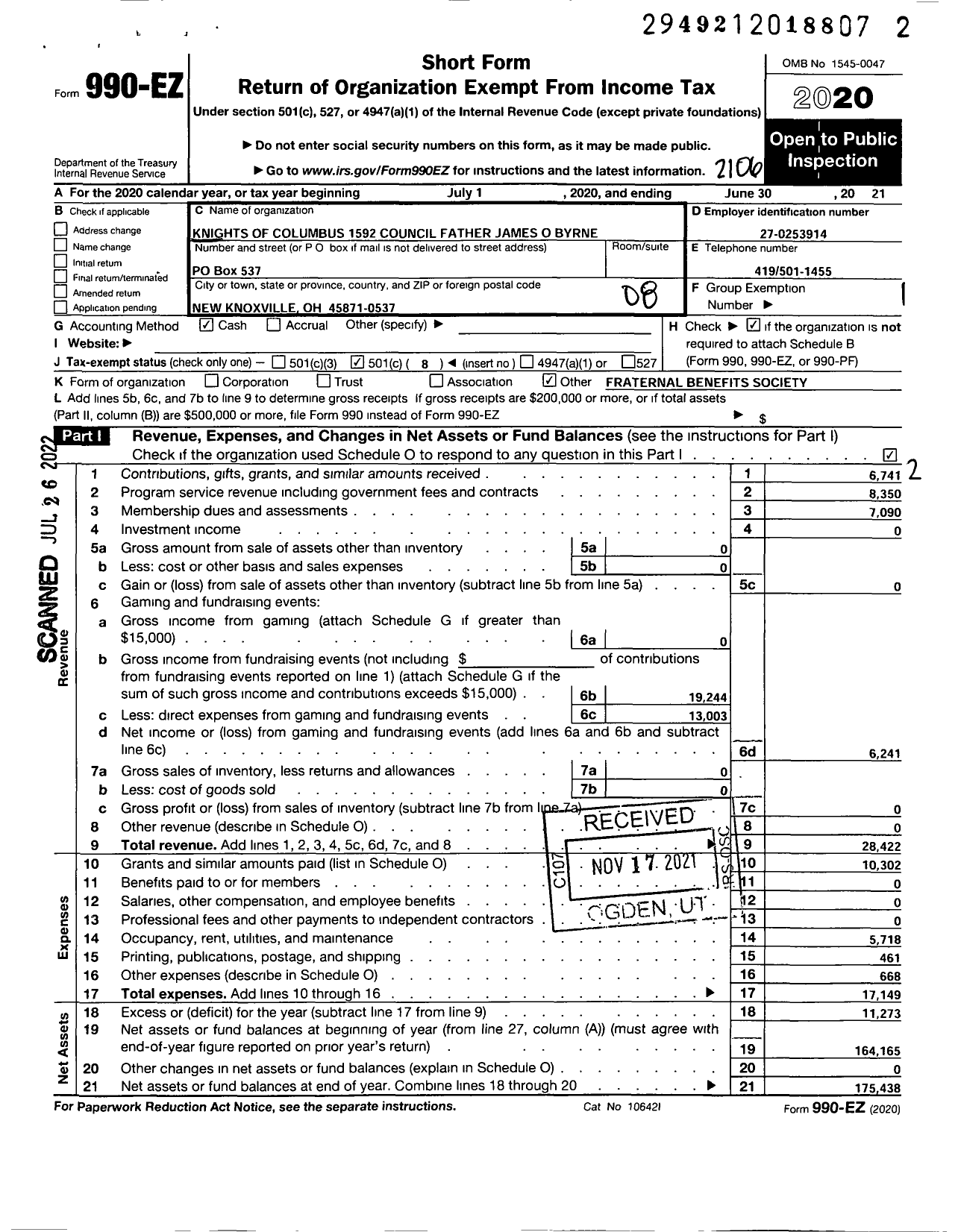 Image of first page of 2020 Form 990EO for Knights of Columbus - 1592 Council Father James O Byrne