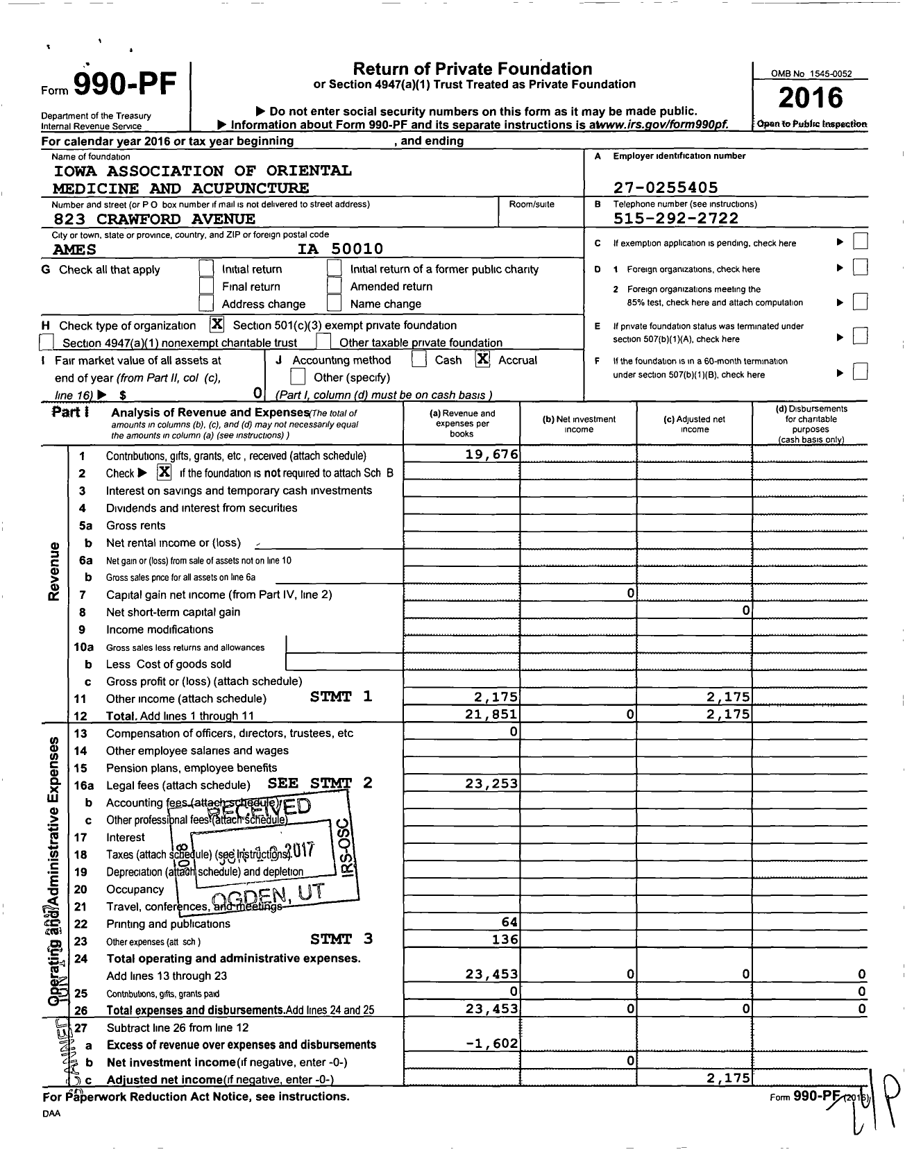 Image of first page of 2016 Form 990PF for Iowa Association of Oriental Medicine An