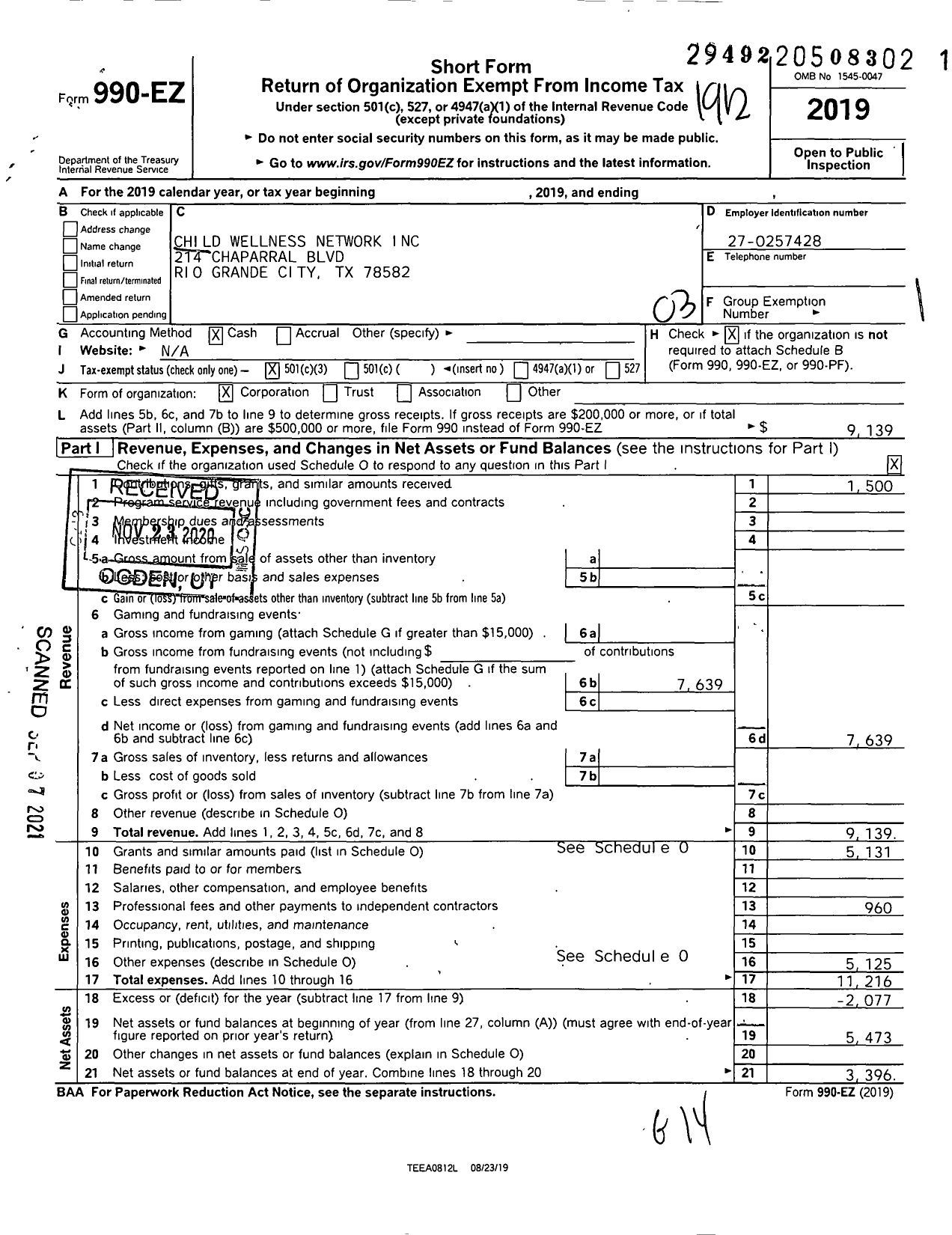 Image of first page of 2019 Form 990EZ for Child Wellness Network