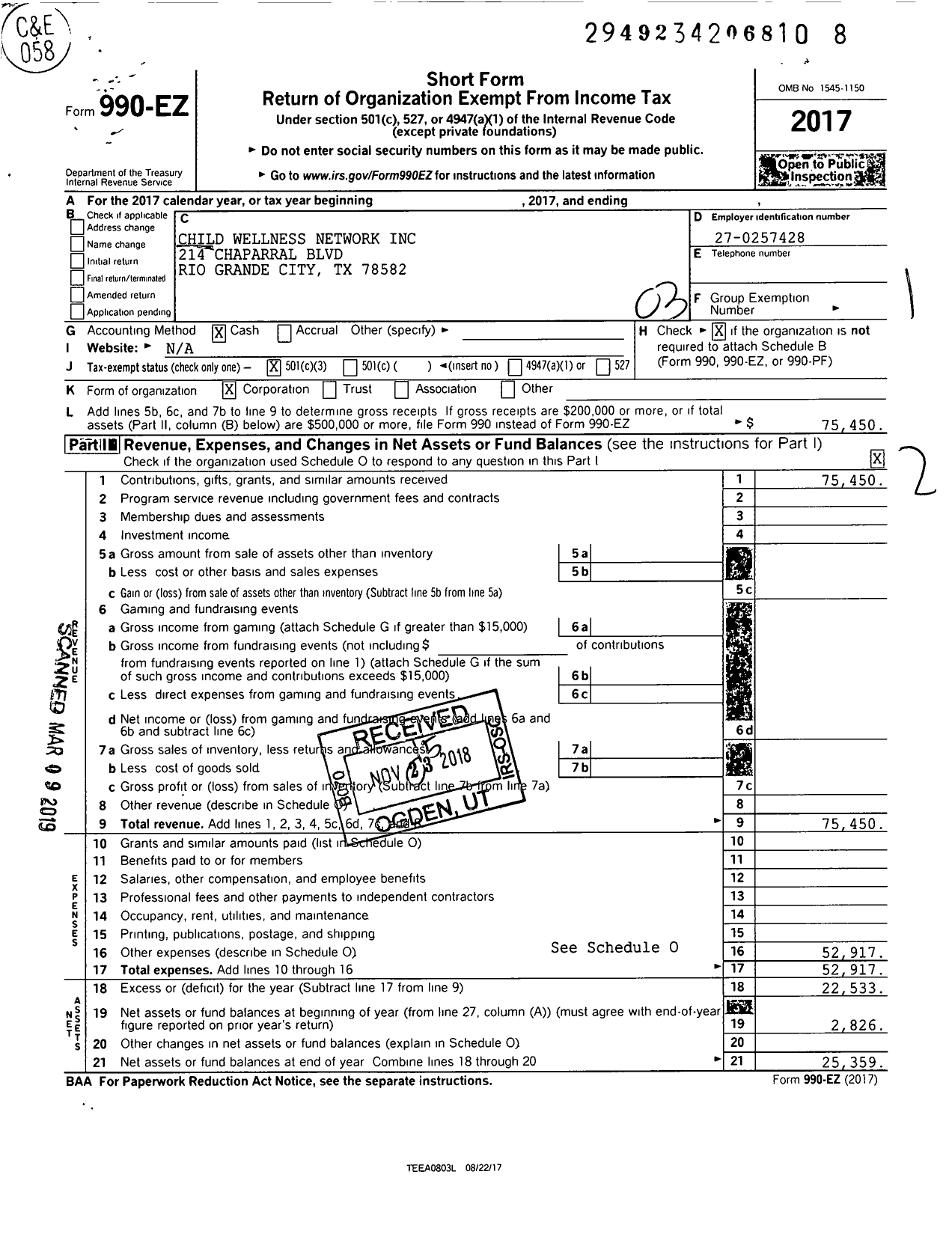 Image of first page of 2017 Form 990EZ for Child Wellness Network