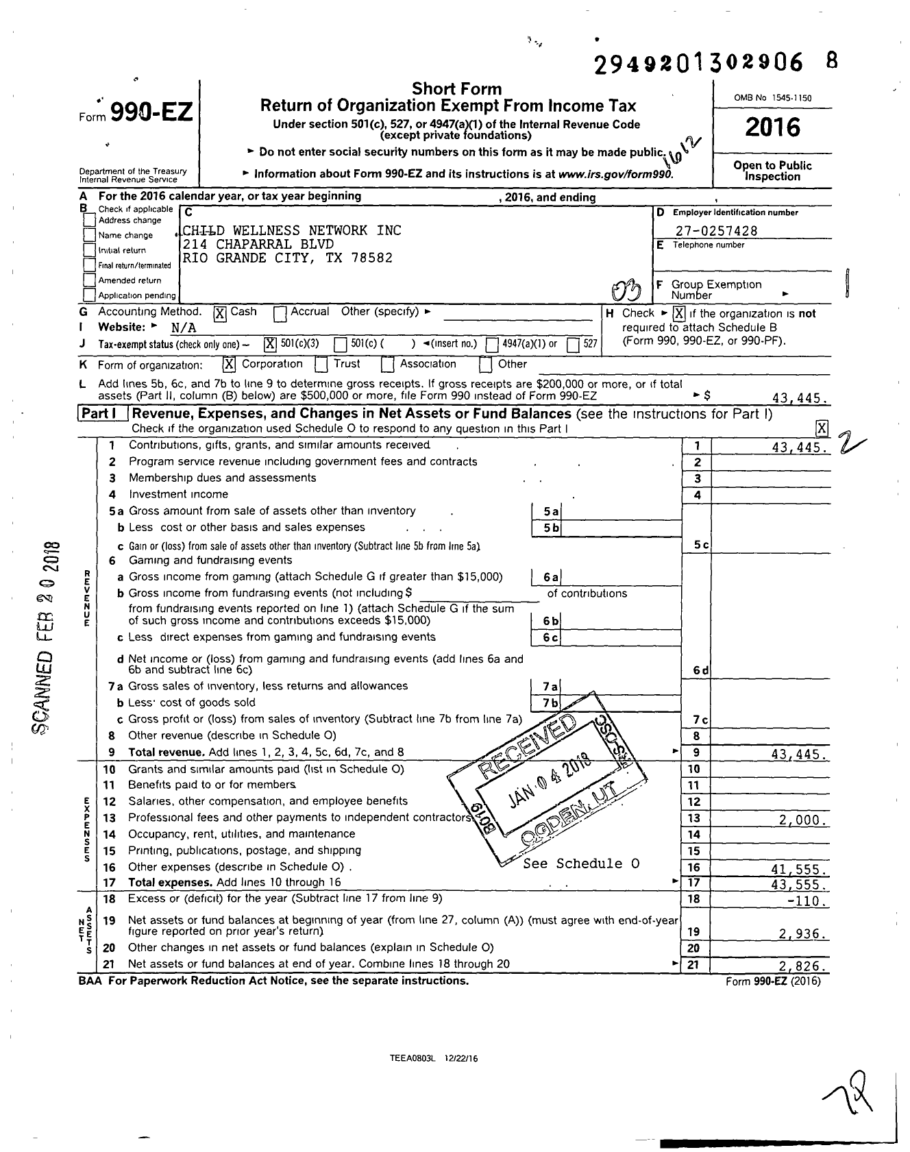 Image of first page of 2016 Form 990EZ for Child Wellness Network