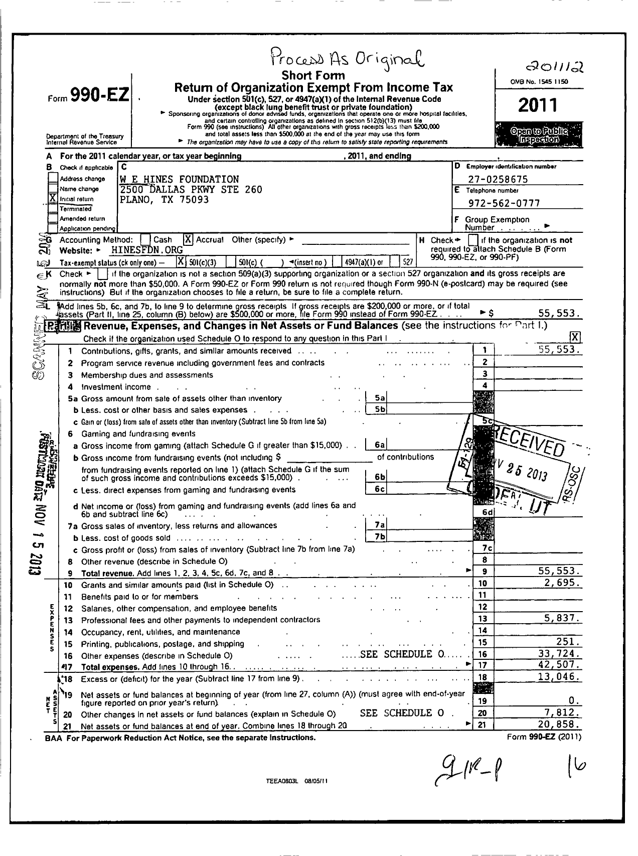 Image of first page of 2011 Form 990EZ for W E Hines Foundation