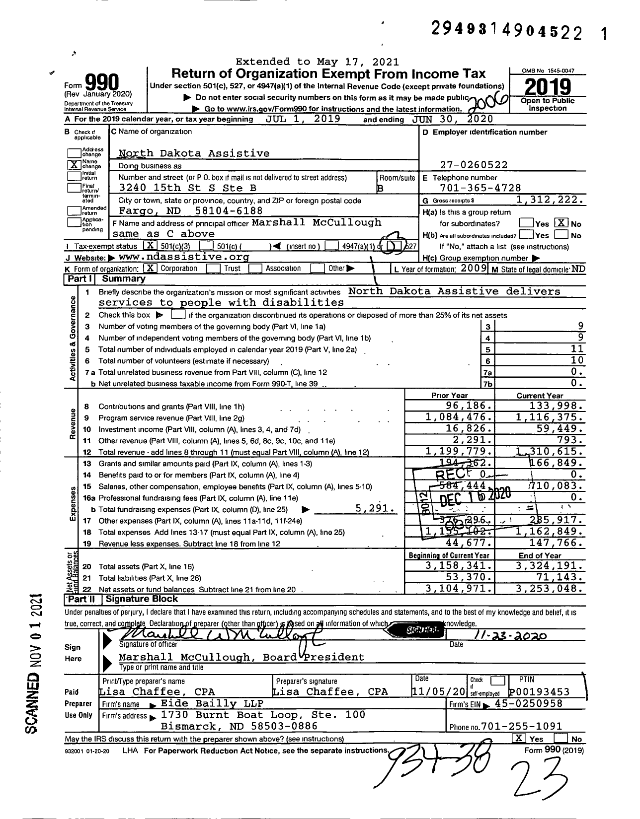 Image of first page of 2019 Form 990 for North Dakota Assistive