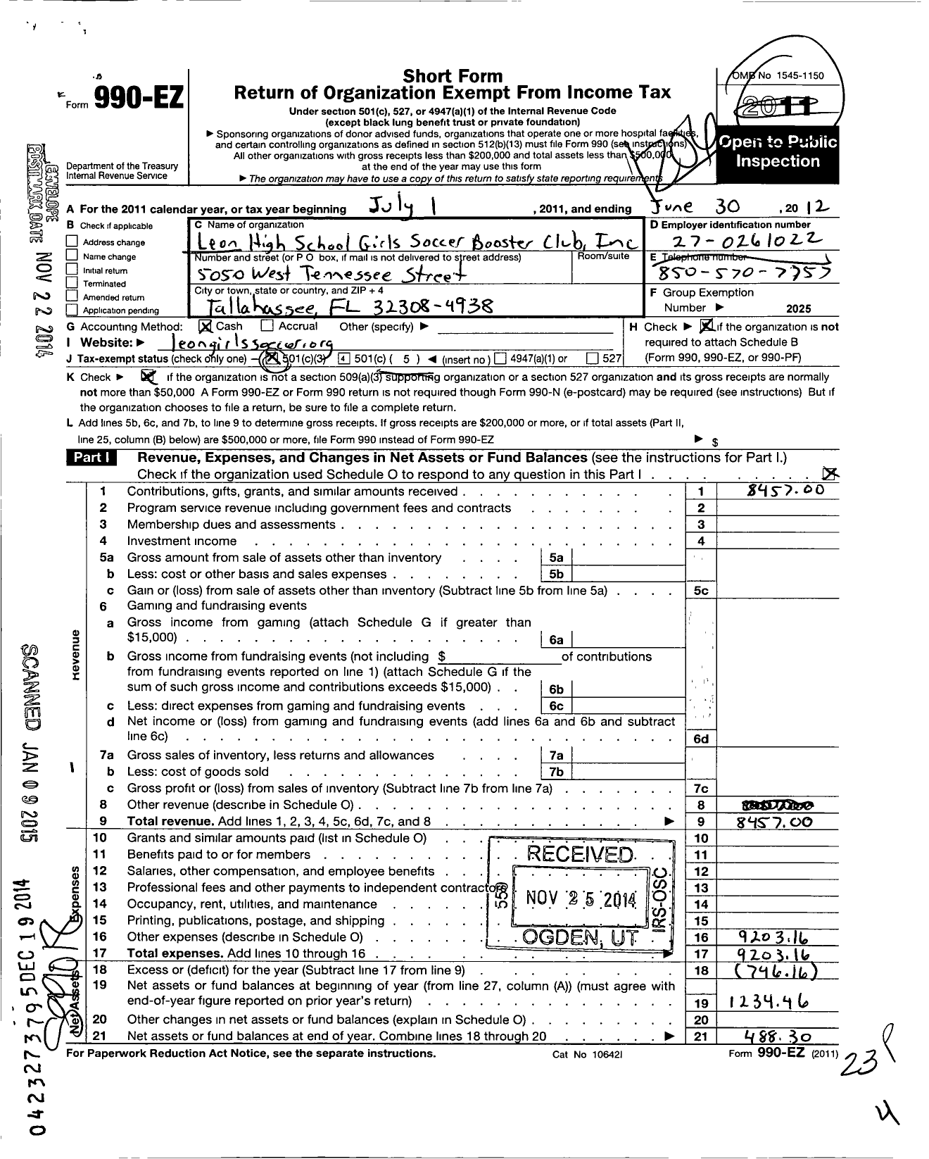 Image of first page of 2011 Form 990EO for Leon High School Girls Soccer Boosters Club
