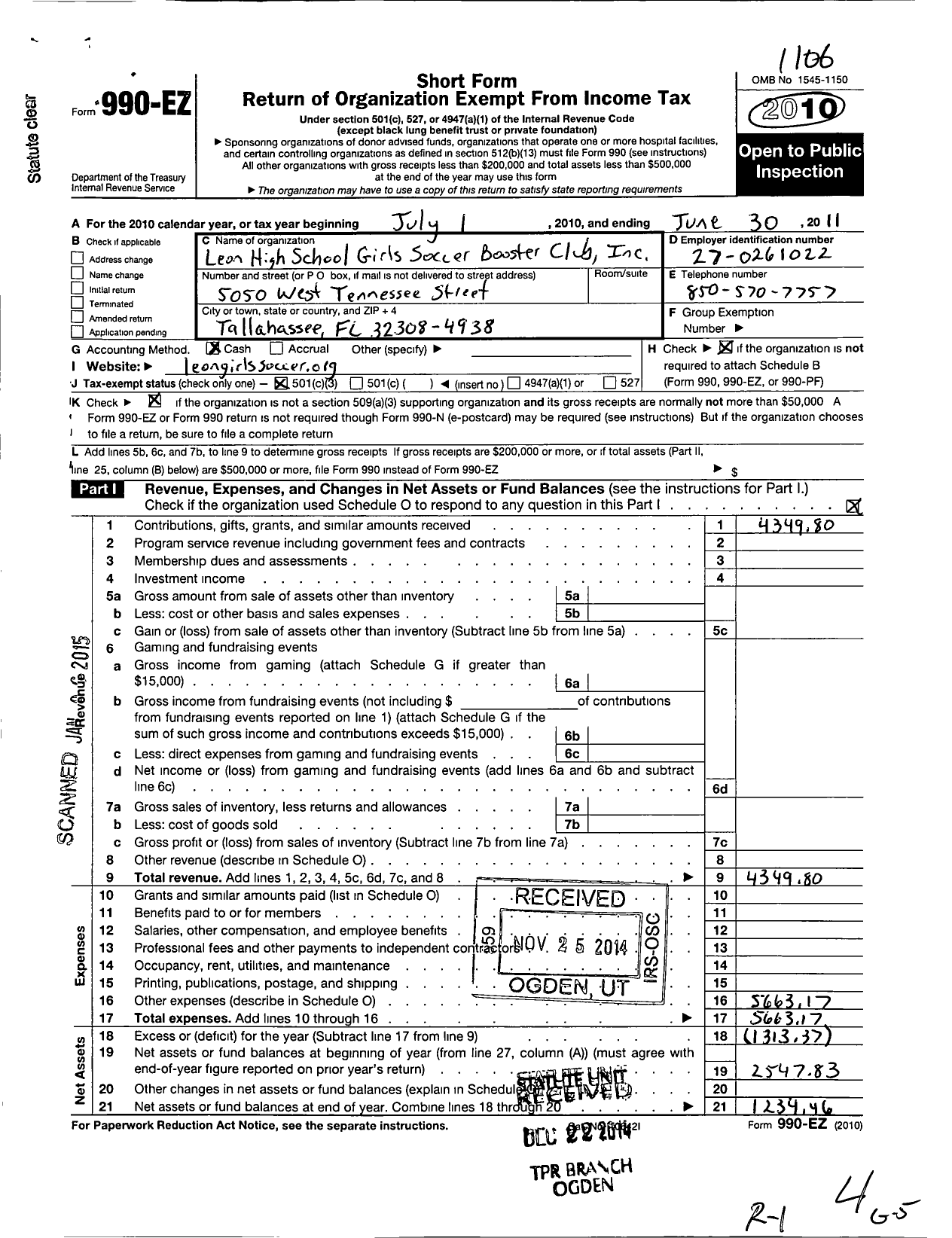 Image of first page of 2010 Form 990EZ for Leon High School Girls Soccer Boosters Club