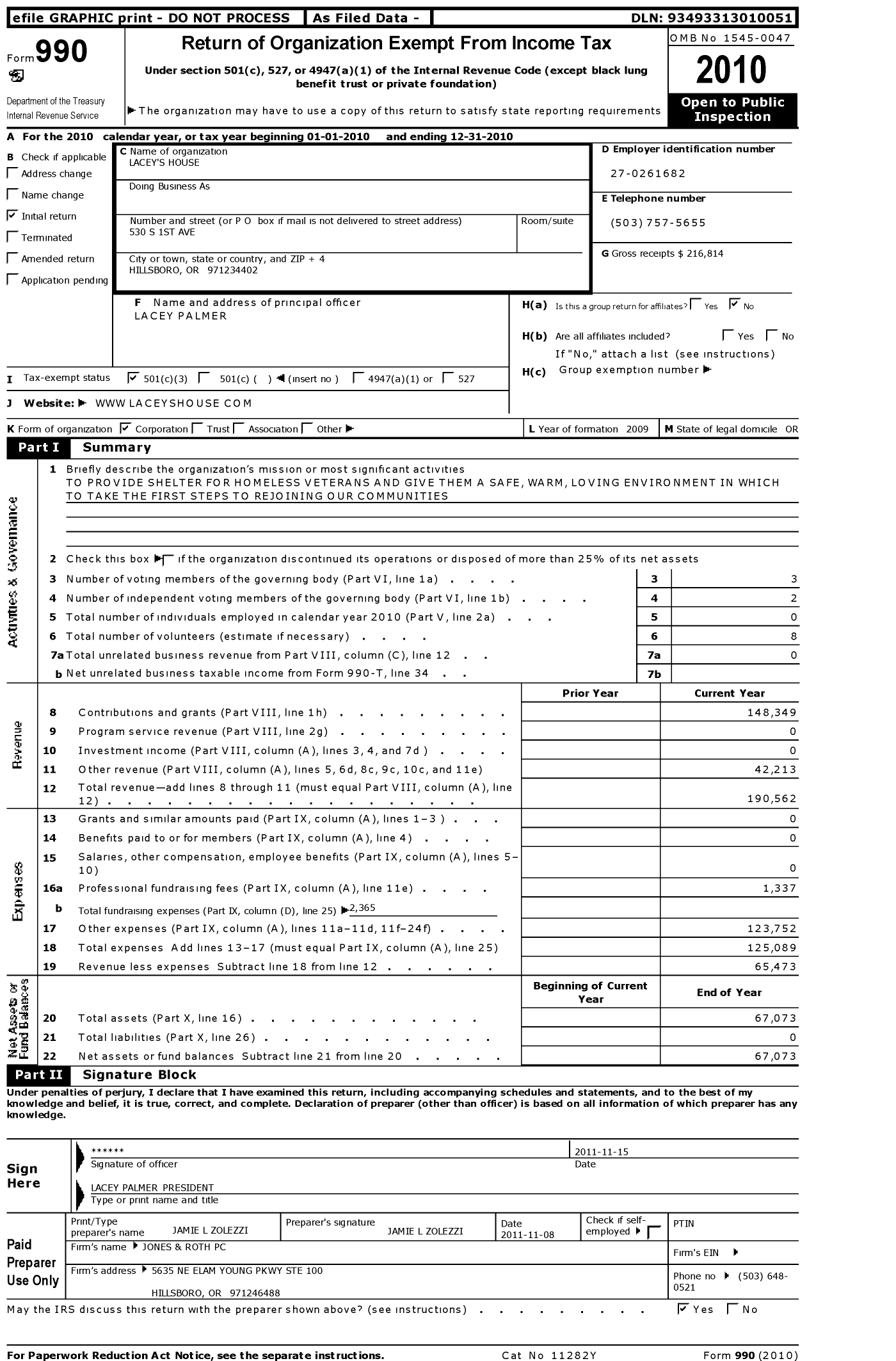 Image of first page of 2010 Form 990 for Laceys House