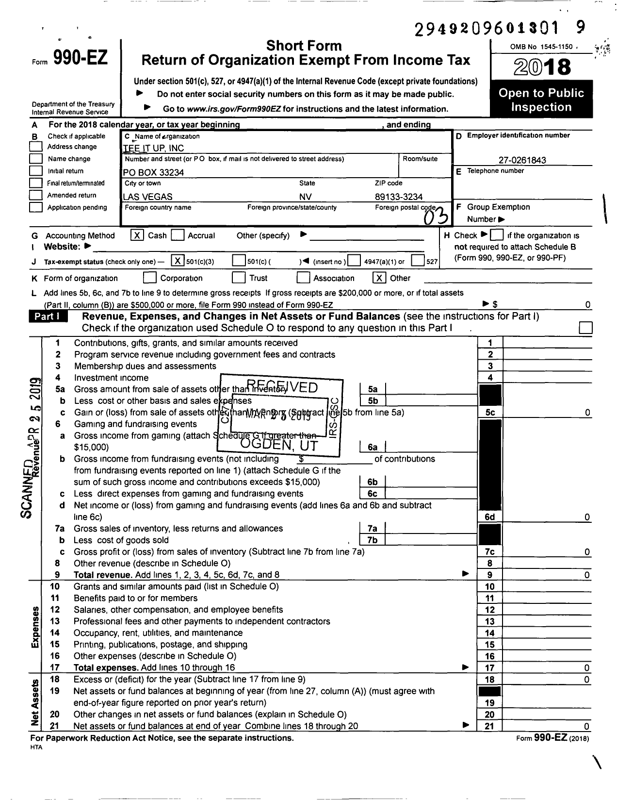 Image of first page of 2018 Form 990EZ for Tee It Up