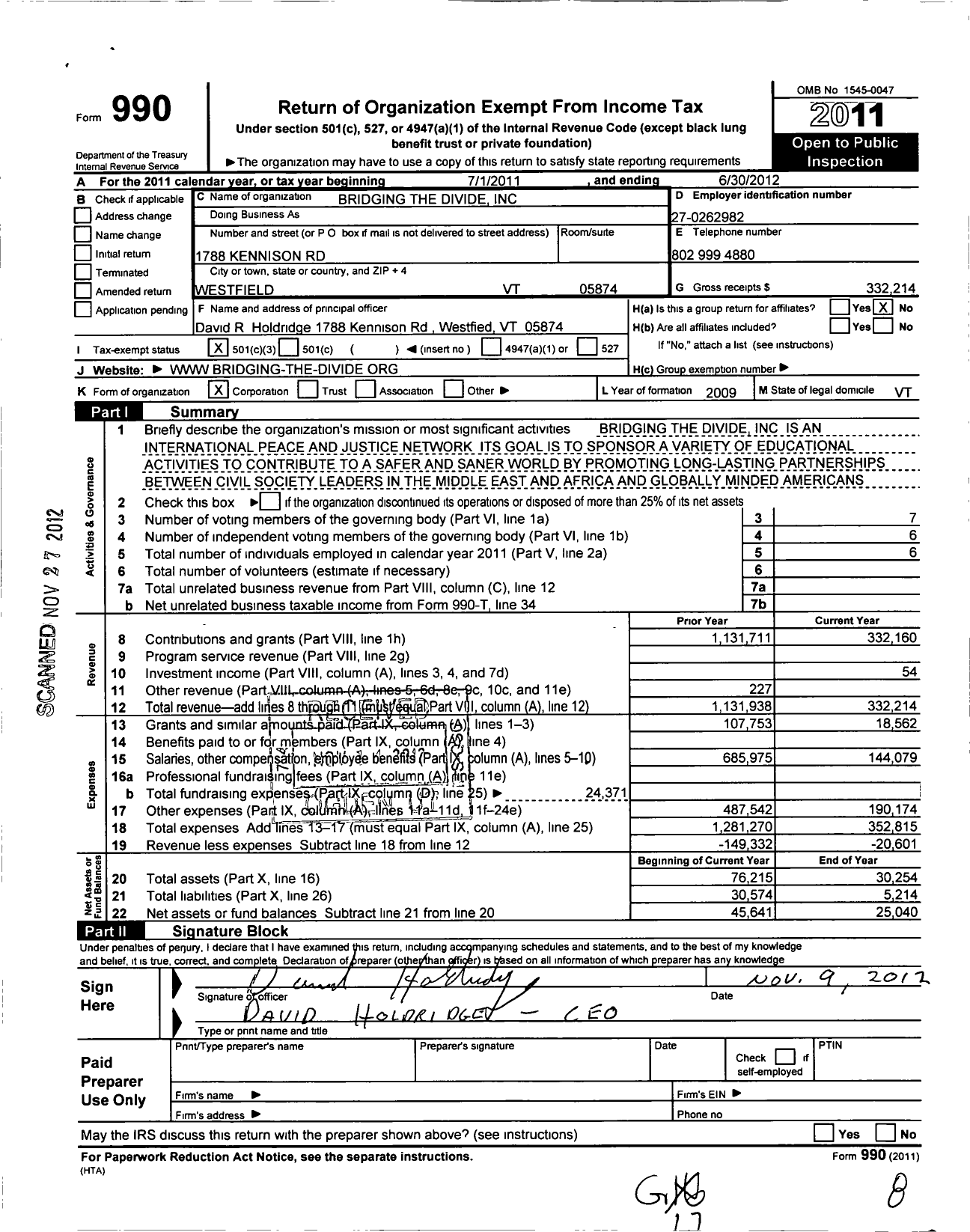 Image of first page of 2011 Form 990 for Bridging the Divide