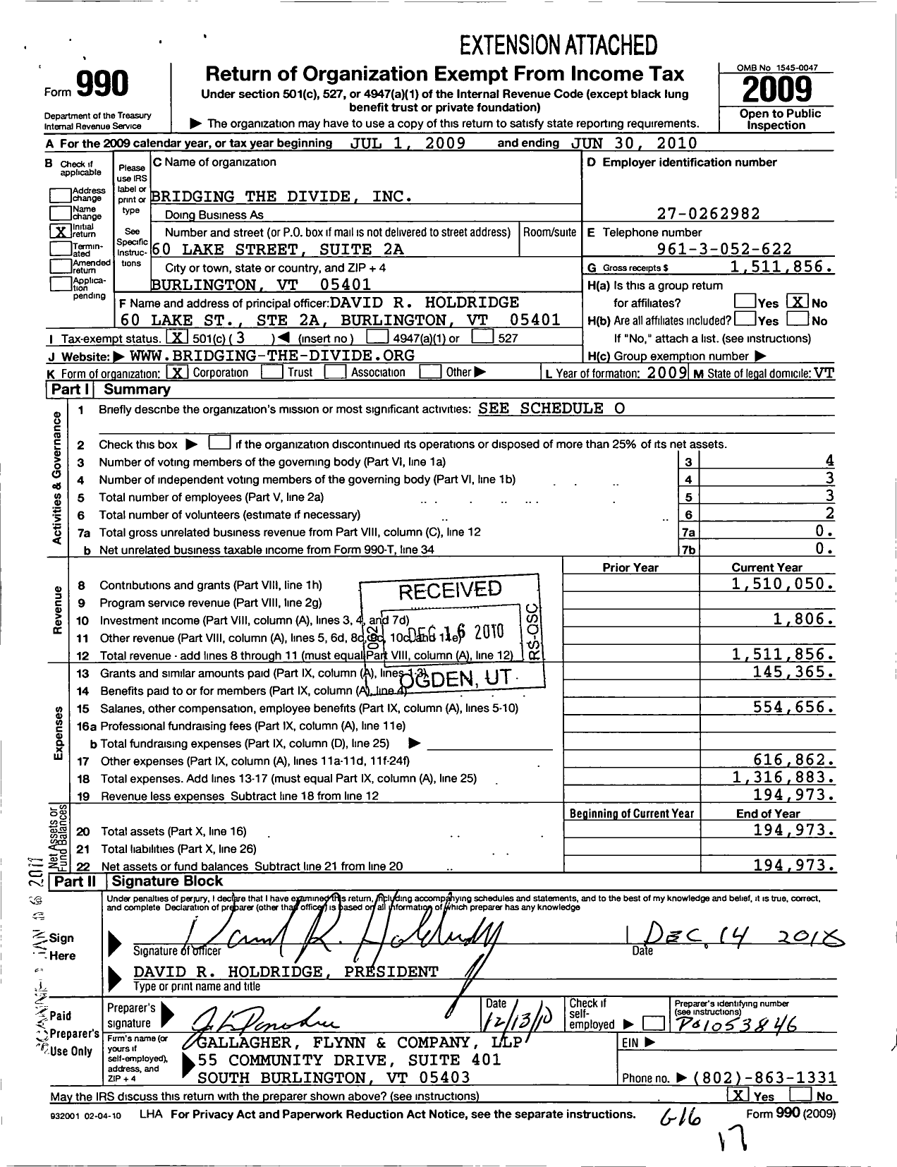 Image of first page of 2009 Form 990 for Bridging the Divide