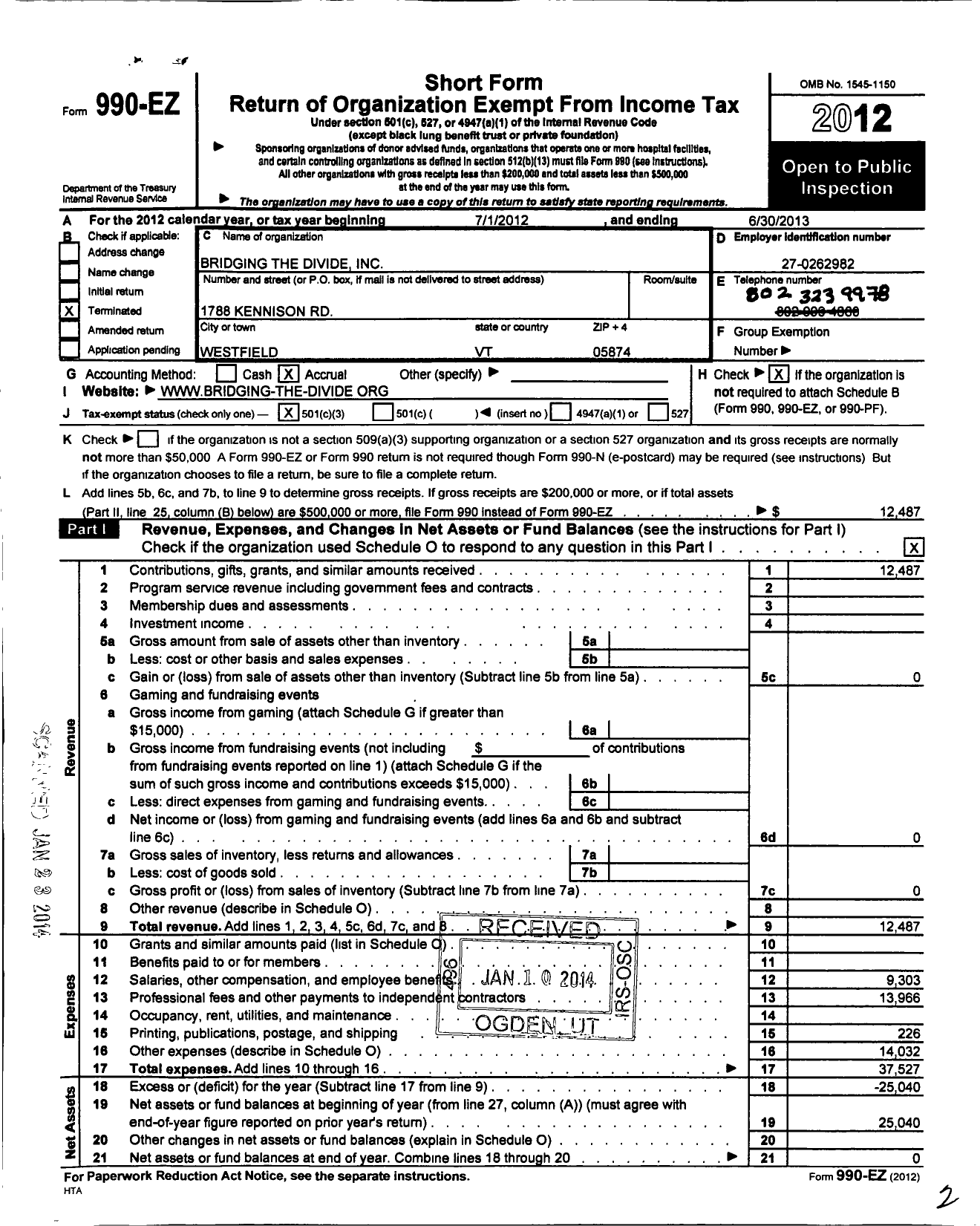 Image of first page of 2012 Form 990EZ for Bridging the Divide