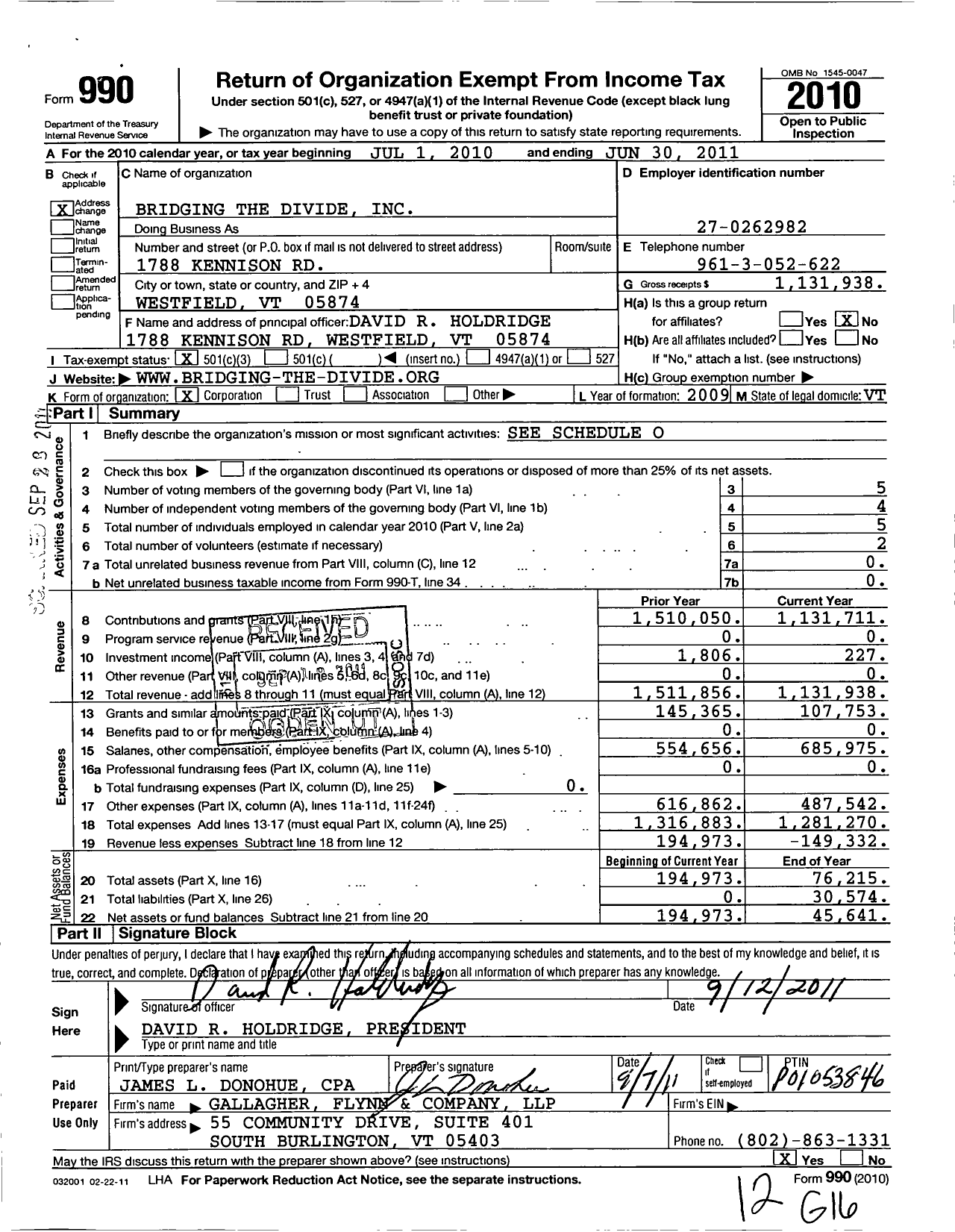 Image of first page of 2010 Form 990 for Bridging the Divide