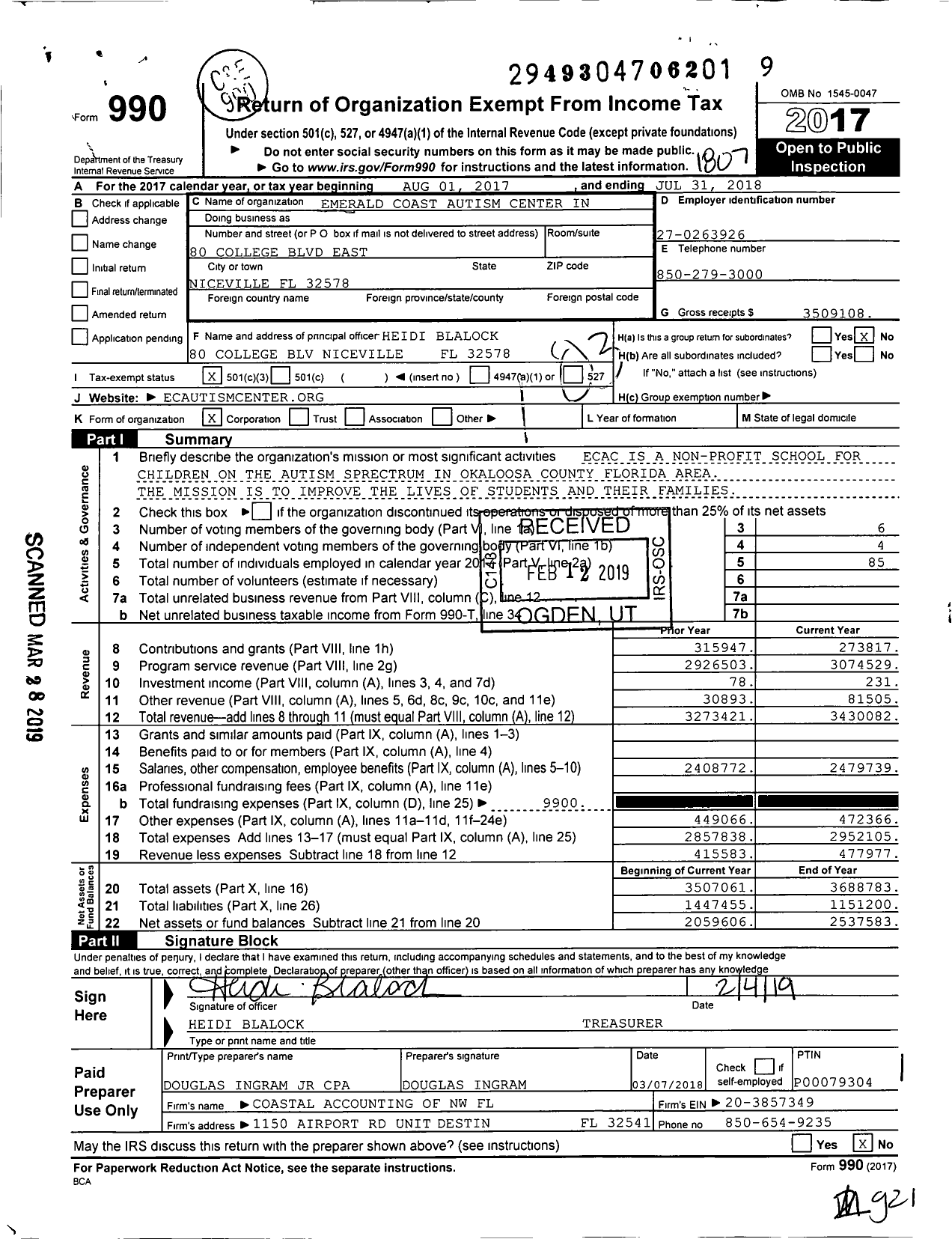 Image of first page of 2017 Form 990 for Emerald Coast Autism Center in