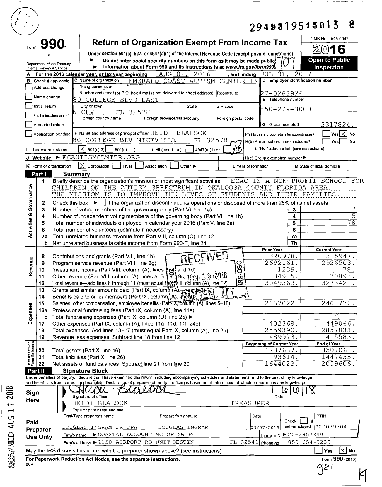 Image of first page of 2016 Form 990 for Emerald Coast Autism Center in