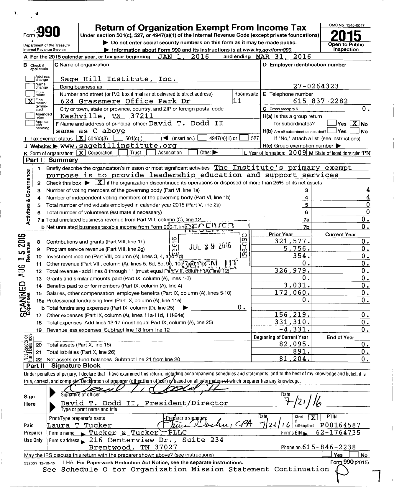 Image of first page of 2015 Form 990 for Sage Hill Institute