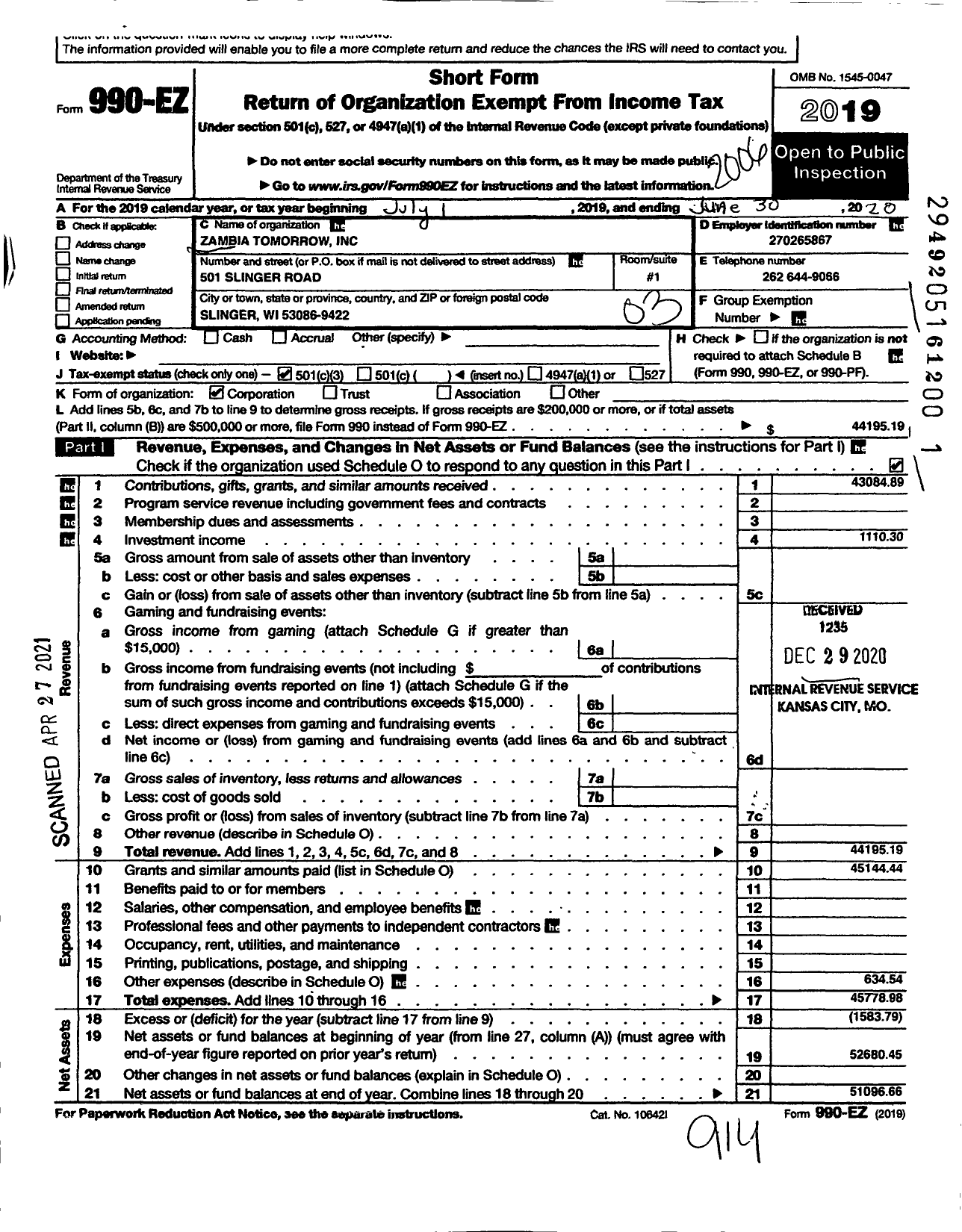 Image of first page of 2019 Form 990EZ for Zambia Tomorrow