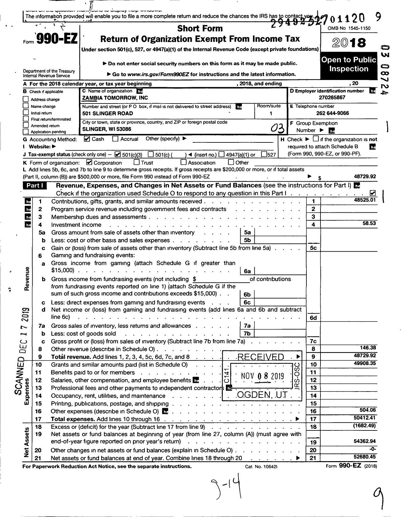 Image of first page of 2018 Form 990EZ for Zambia Tomorrow