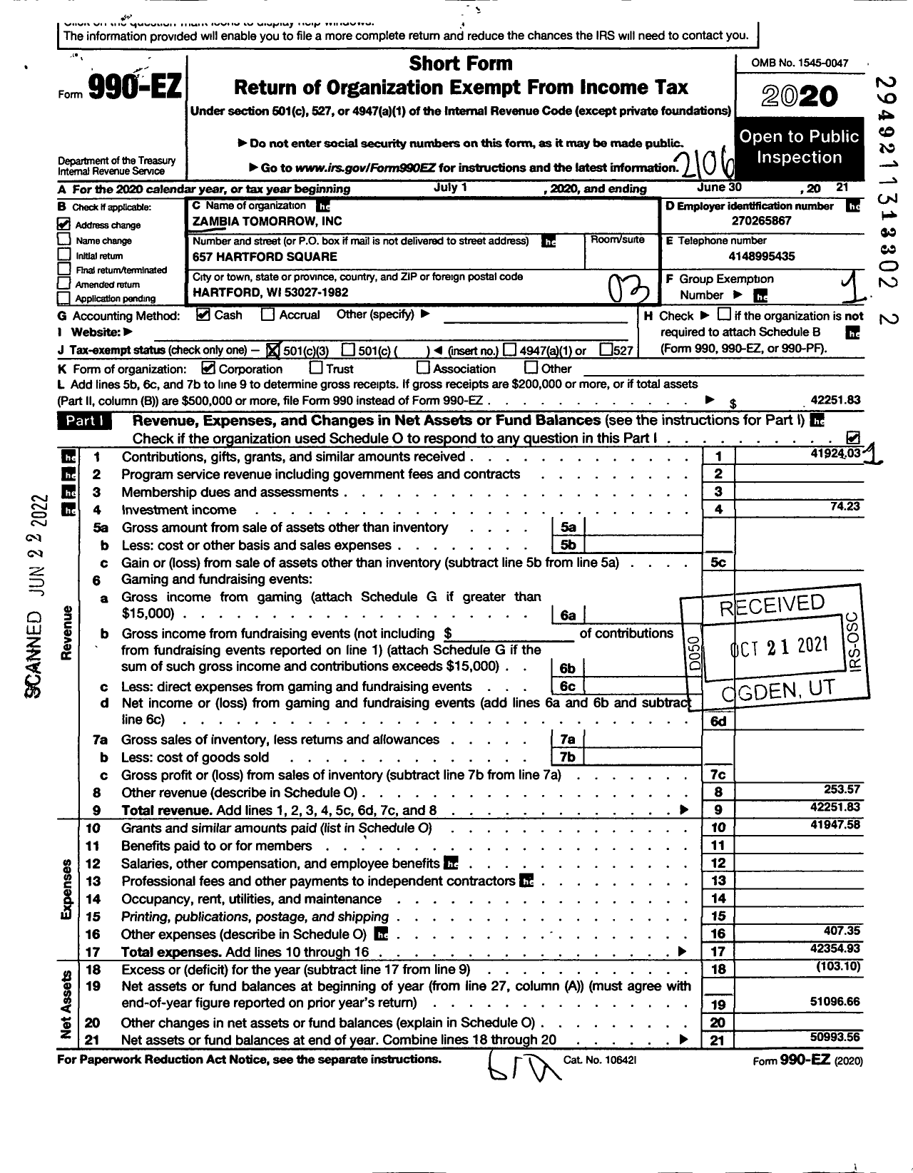 Image of first page of 2020 Form 990EZ for Zambia Tomorrow