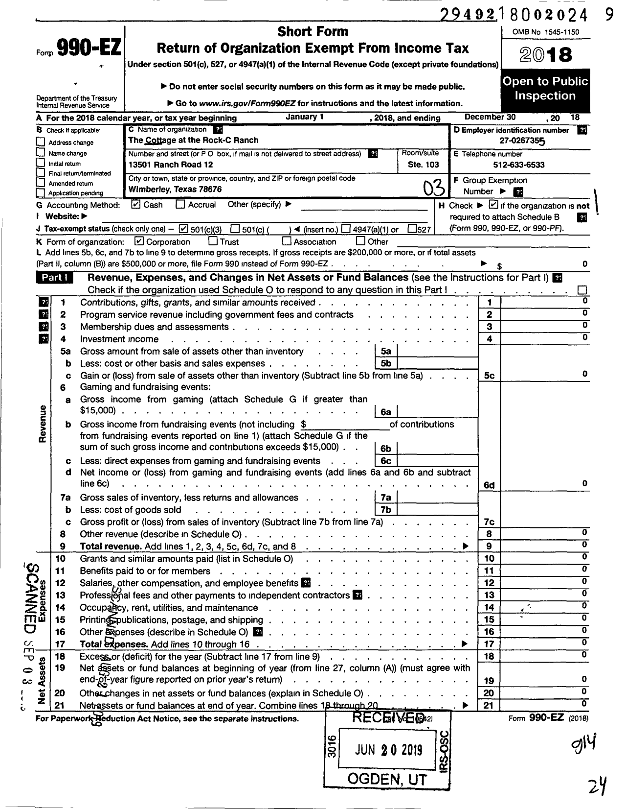 Image of first page of 2018 Form 990EZ for Cottage at the Rock-C Ranch