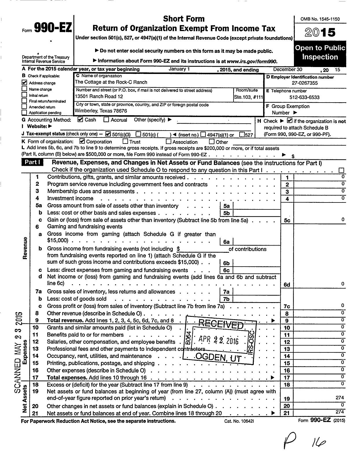 Image of first page of 2015 Form 990EZ for Cottage at the Rock-C Ranch