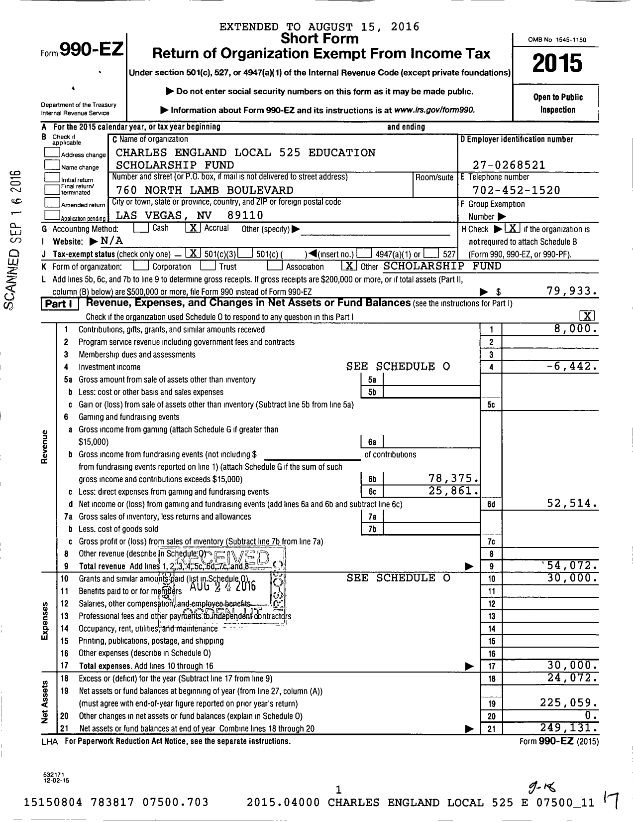 Image of first page of 2015 Form 990EZ for Charles England Local 525 Education Scholarship Fund