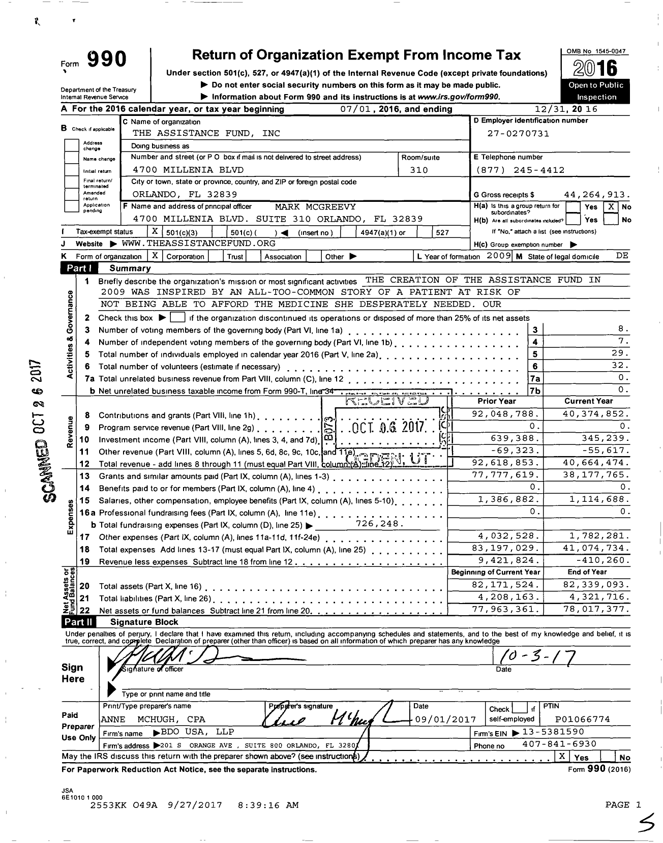 Image of first page of 2016 Form 990 for The Assistance Fund