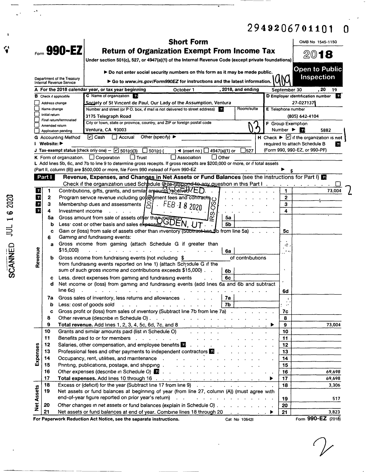 Image of first page of 2018 Form 990EZ for SOCIETY OF SAINT VINCENT DE PAUL COUNCIL OF LOS ANGELES / Our Lady of the Assumption Conf