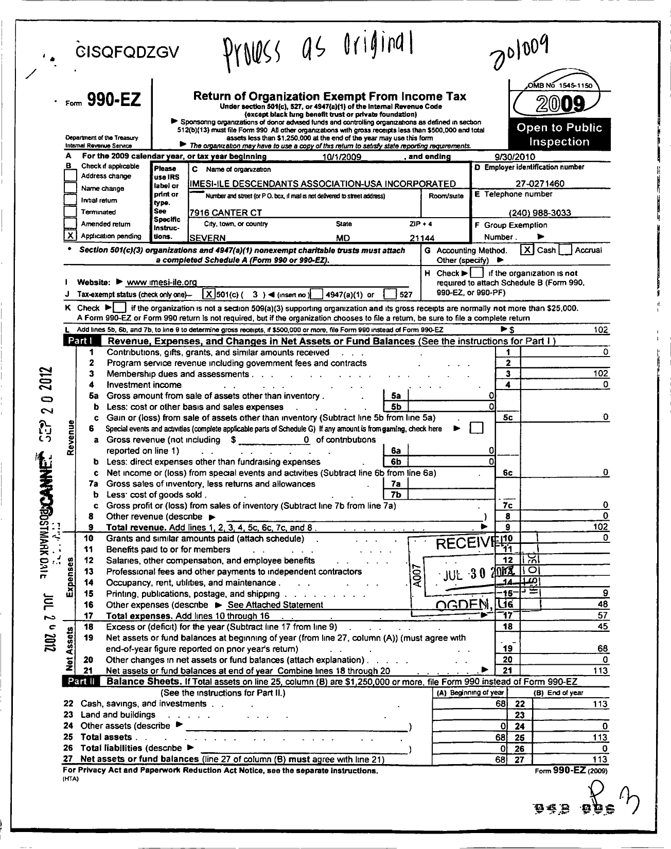 Image of first page of 2009 Form 990EZ for Imesi-Ile Descendants Association-Usa Incorporated