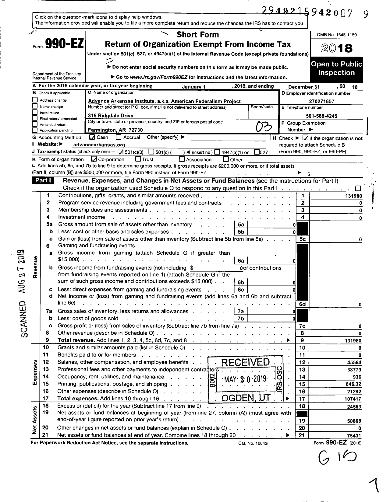 Image of first page of 2018 Form 990EZ for Advance Arkansas Institute
