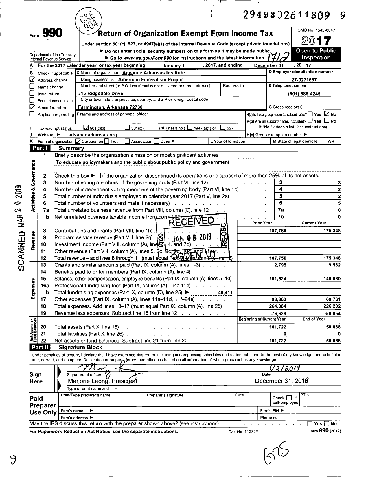 Image of first page of 2017 Form 990 for Advance Arkansas Institute