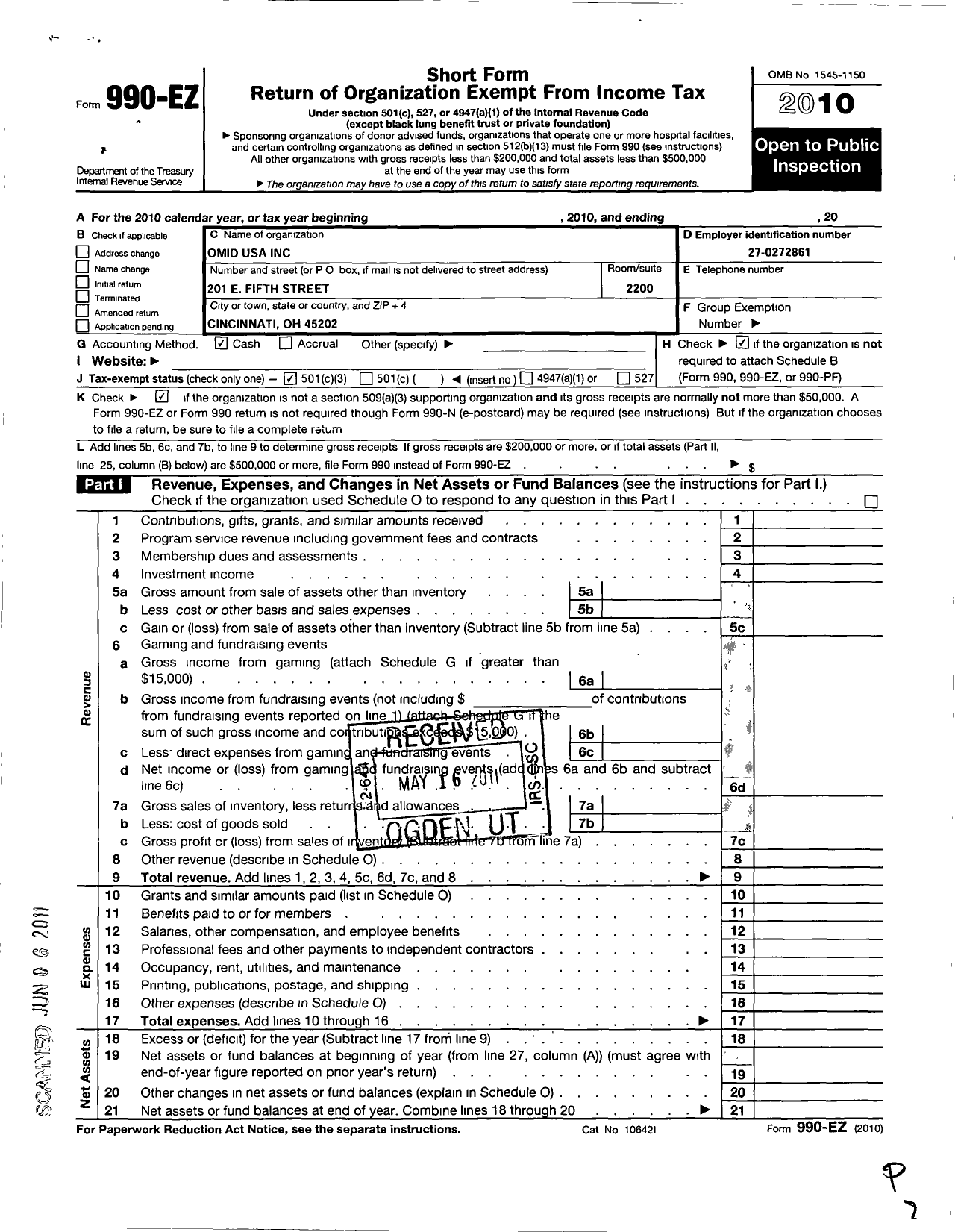 Image of first page of 2010 Form 990EZ for Omid USA