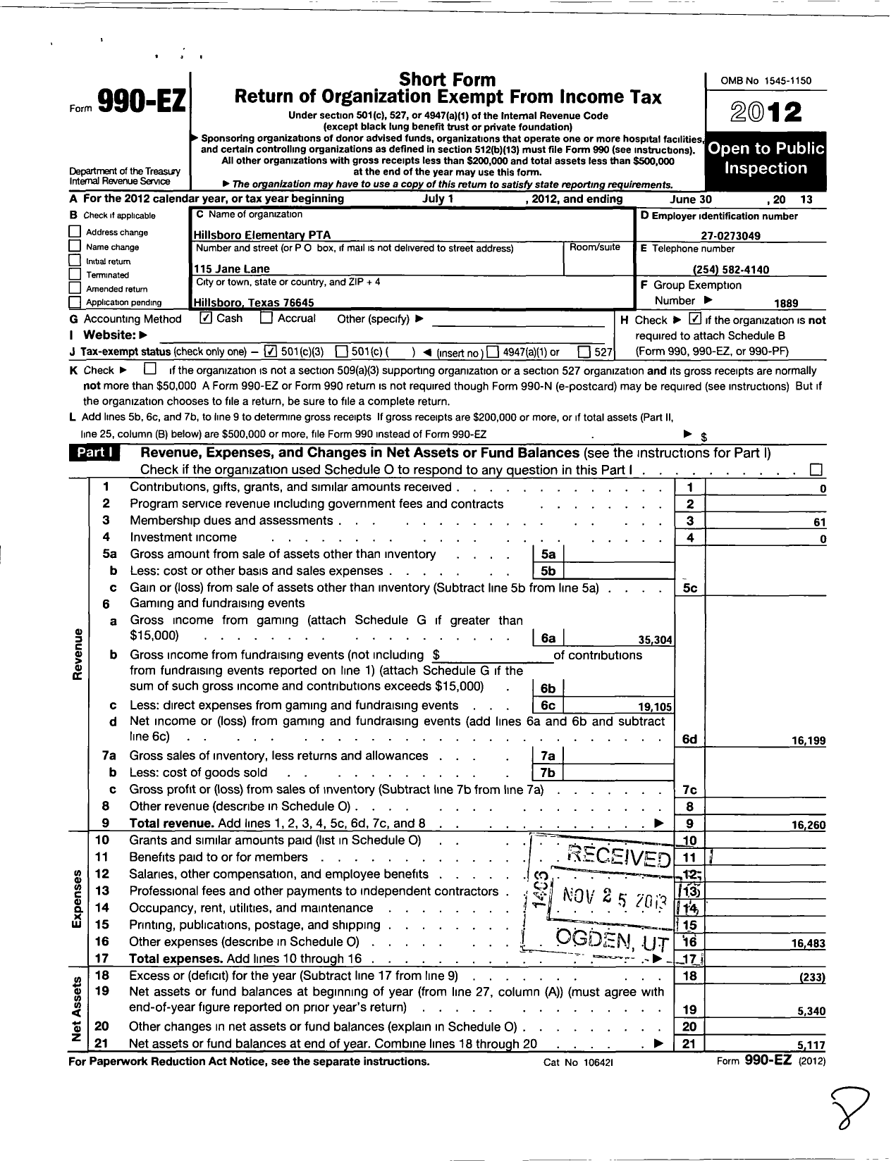 Image of first page of 2012 Form 990EZ for Texas PTA - Hillsboro Elementary School PTA