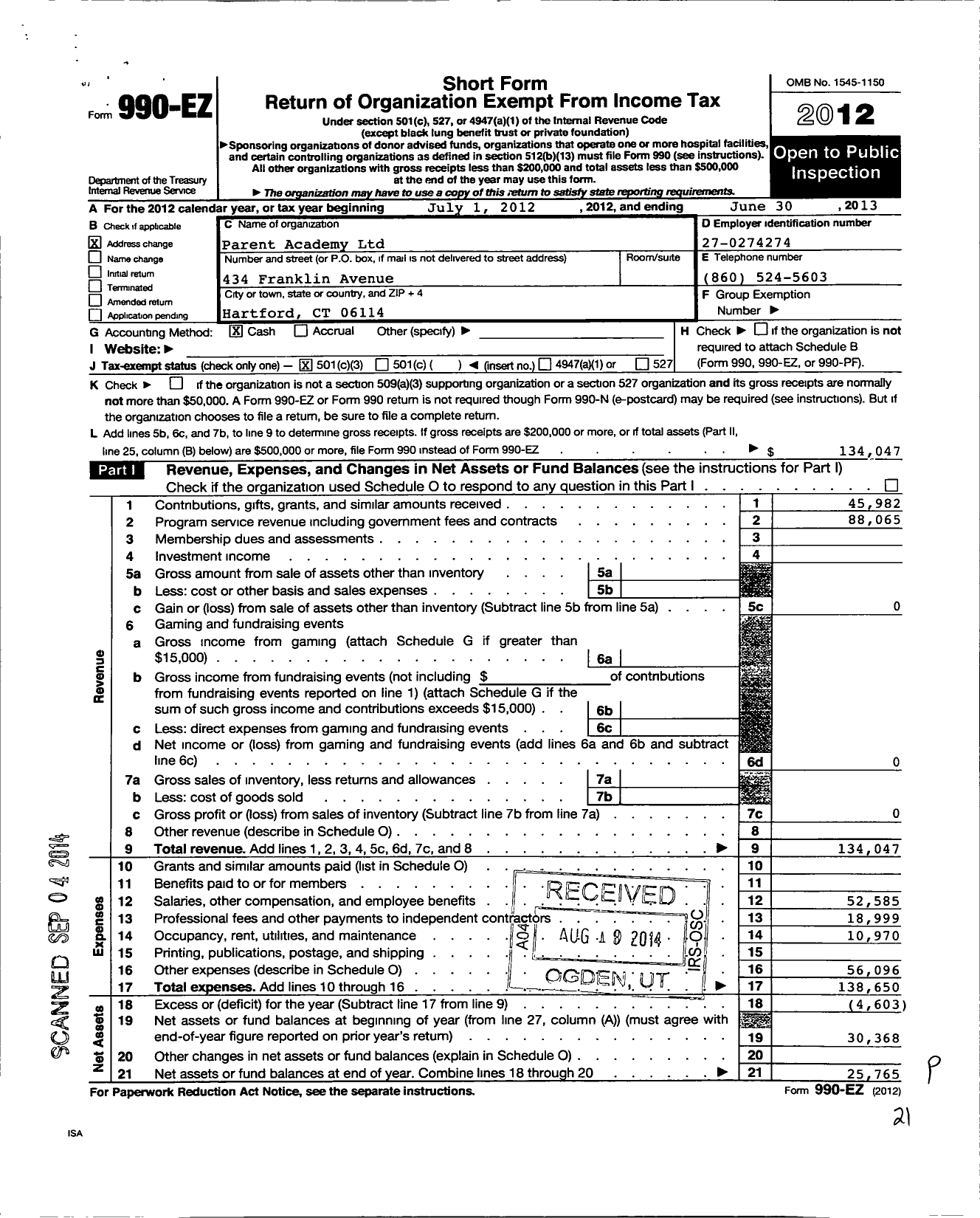 Image of first page of 2012 Form 990EZ for Parent Academy